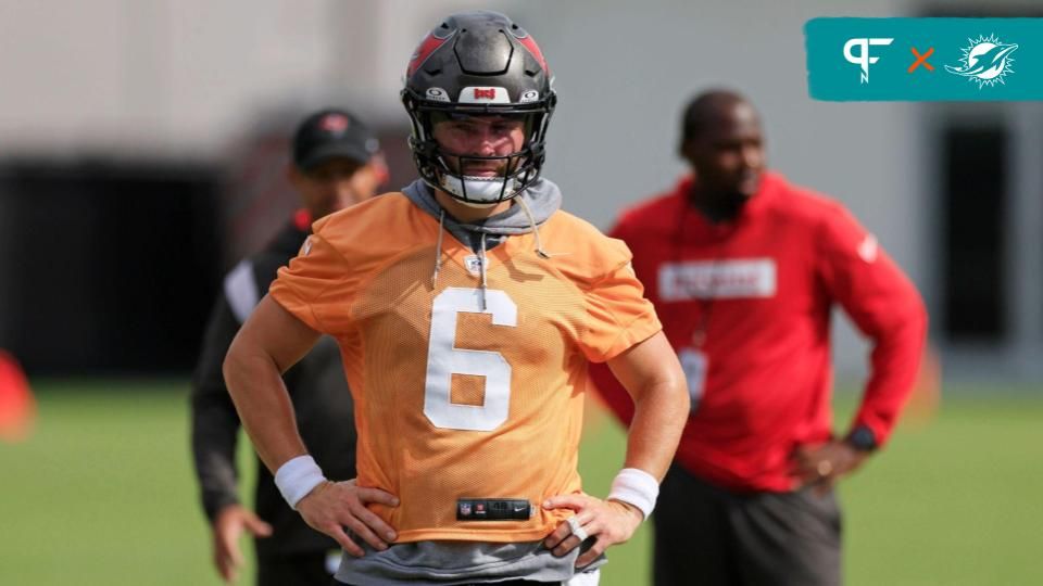 Tampa Bay Buccaneers quarterback Baker Mayfield (6) looks on during a combined NFL football training camp session between the Tampa Bay Buccaneers and Jacksonville Jaguars Thursday, Aug. 15, 2024 at EverBank Stadium’s Miller Electric Center in Jacksonville, Fla. [Corey Perrine/Florida Times-Union]