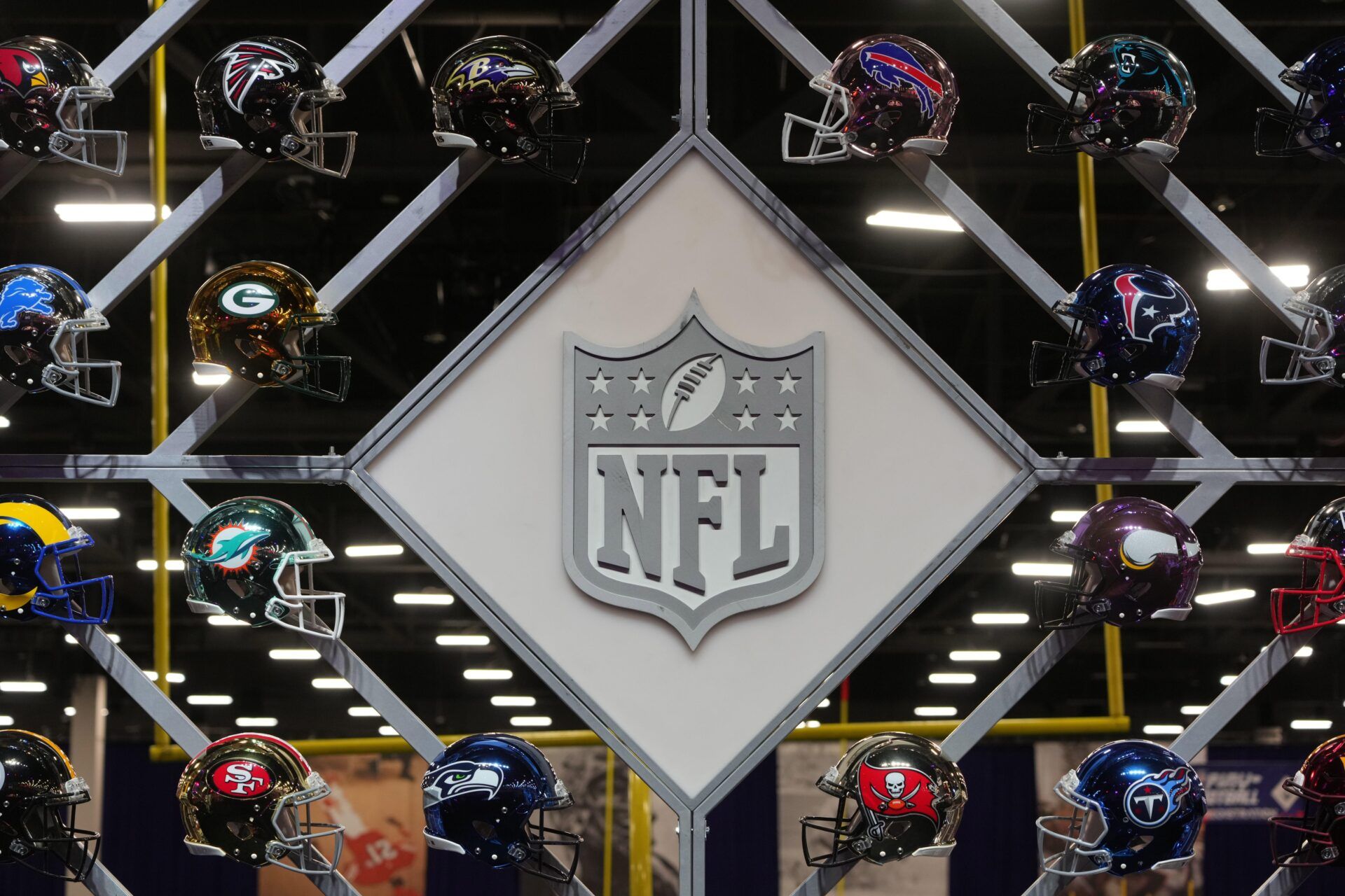 A NFL shield logo at the NFL Experience at the Mandalay Bay North Convention Center. How much is Sunday Ticket on YouTube TV? Mandatory Credit: Kirby Lee-USA TODAY Sports