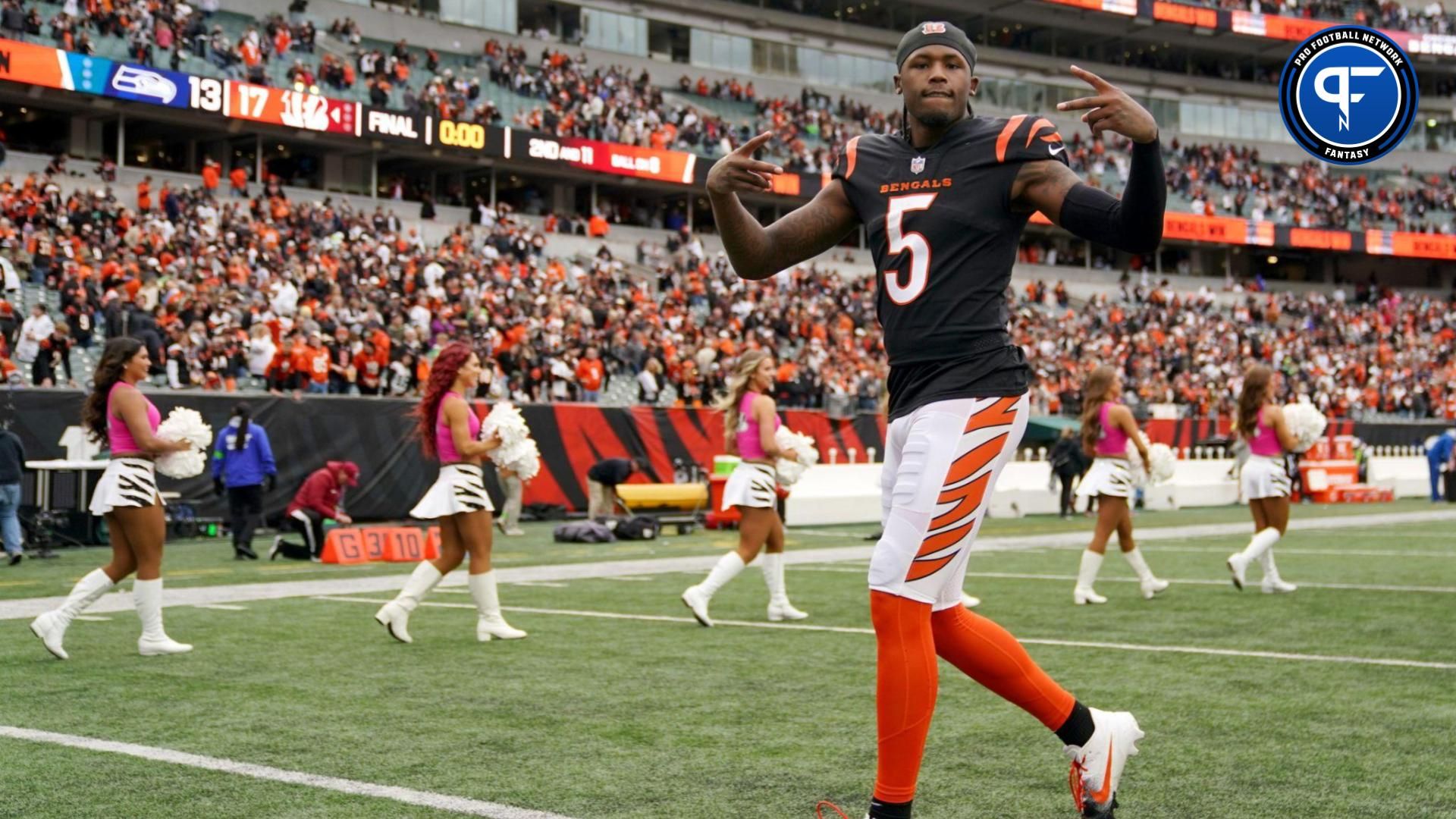 Cincinnati Bengals wide receiver Tee Higgins (5) walks off the field at the conclusion of an NFL football game between the Seattle Seahawks and the Cincinnati Bengals Sunday, Oct. 15, 2023, at Paycor Stadium in Cincinnati. The Cincinnati Bengals won, 17-13.