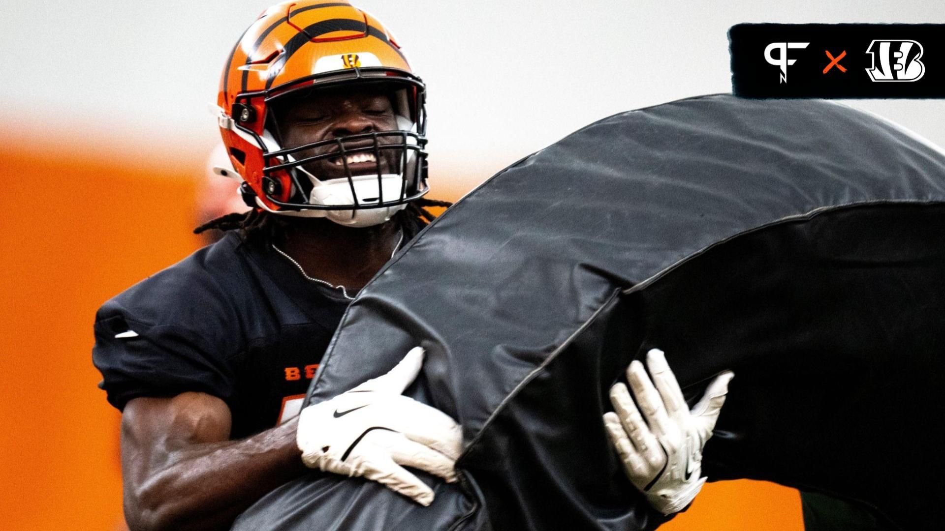 Cincinnati Bengals linebacker Maema Njongmeta (45) hits a pad during a drill at Bengals spring practice at the IEL Indoor Facility in Cincinnati on Tuesday, June 11, 2024