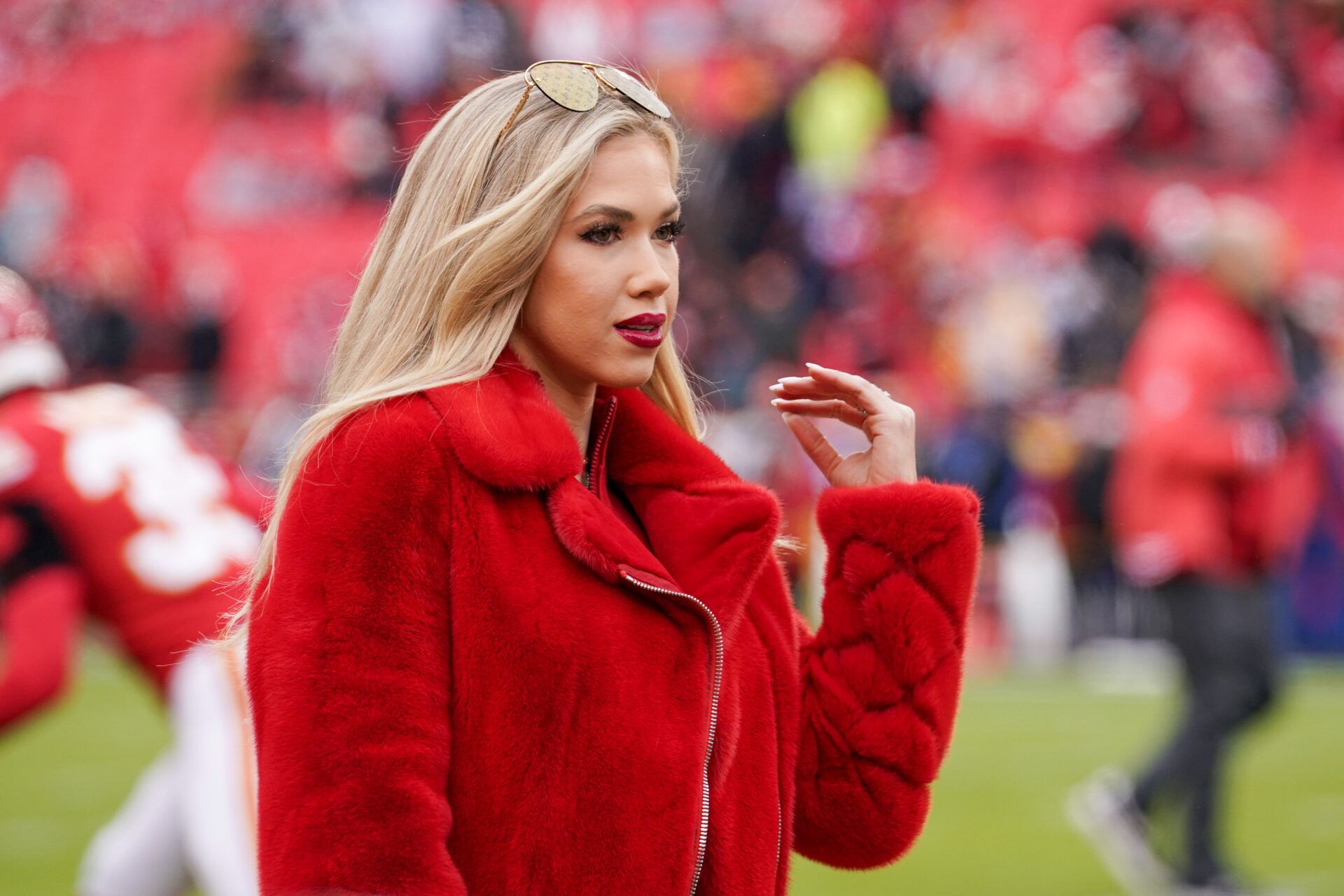 Dec 25, 2023; Kansas City, Missouri, USA; Gracie Hunt on field prior to a game between the Kansas City Chiefs and Las Vegas Raiders at GEHA Field at Arrowhead Stadium. Mandatory Credit: Denny Medley-USA TODAY Sports