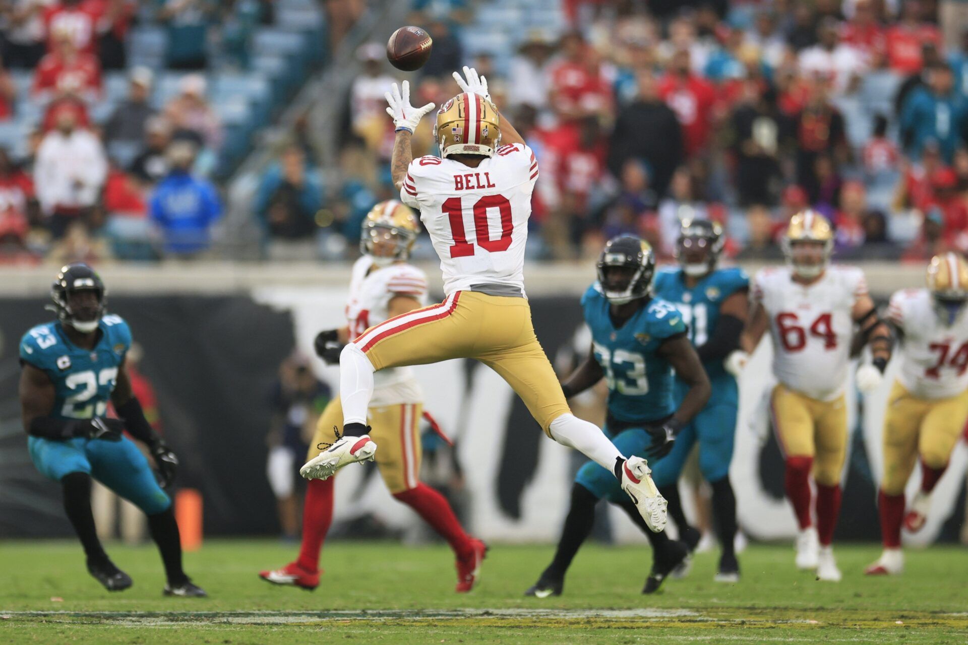 San Francisco 49ers wide receiver Ronnie Bell (10) hauls in a reception during the fourth quarter of an NFL football game Sunday, Nov. 12, 2023 at EverBank Stadium in Jacksonville, Fla. The San Francisco 49ers defeated the Jacksonville Jaguars 34-3. [Corey Perrine/Florida Times-Union]