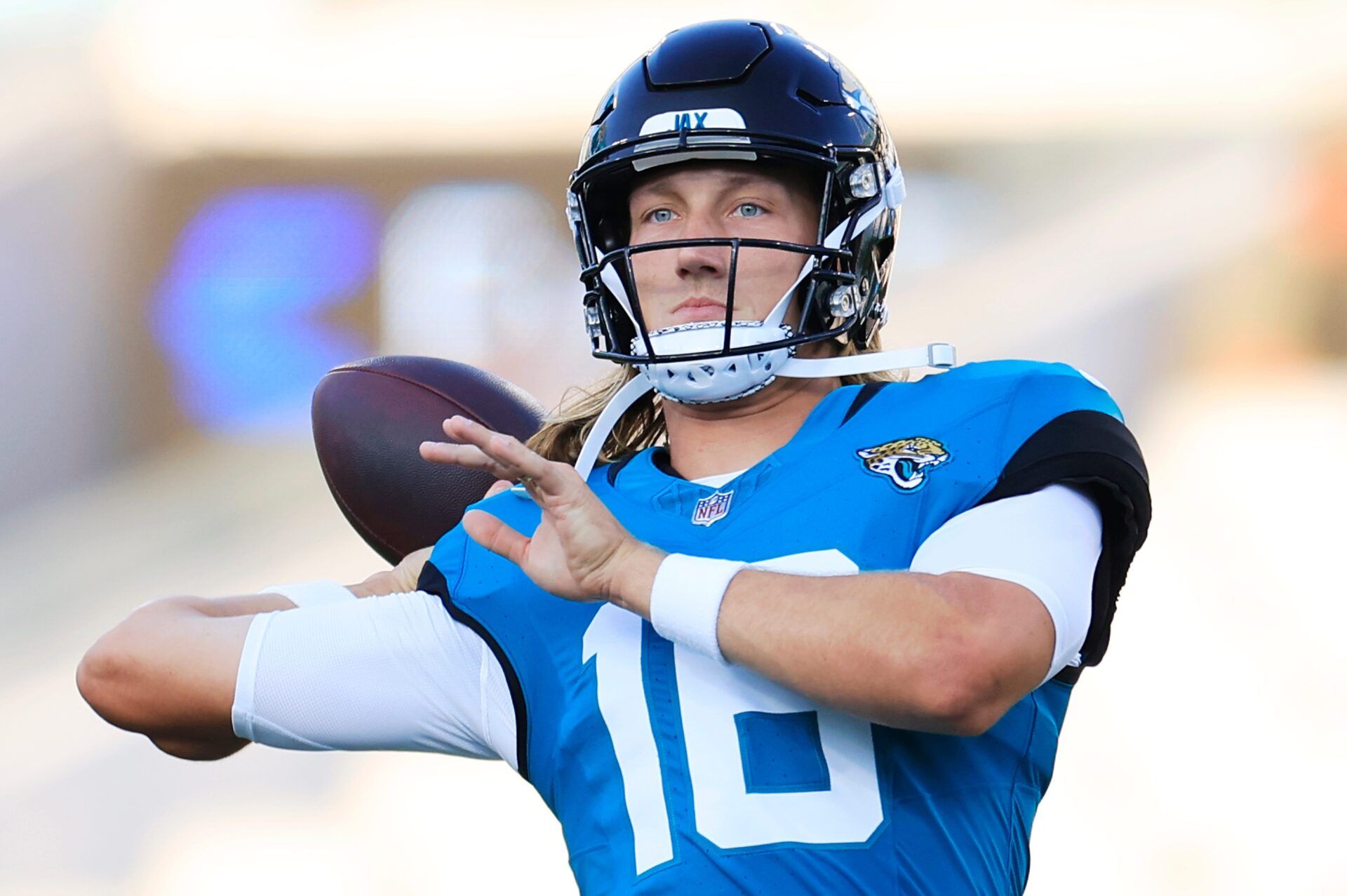 Jacksonville Jaguars quarterback Trevor Lawrence (16) warms up before a preseason NFL football game Saturday, Aug. 17, 2024 at EverBank Stadium in Jacksonville, Fla. [Corey Perrine/Florida Times-Union]