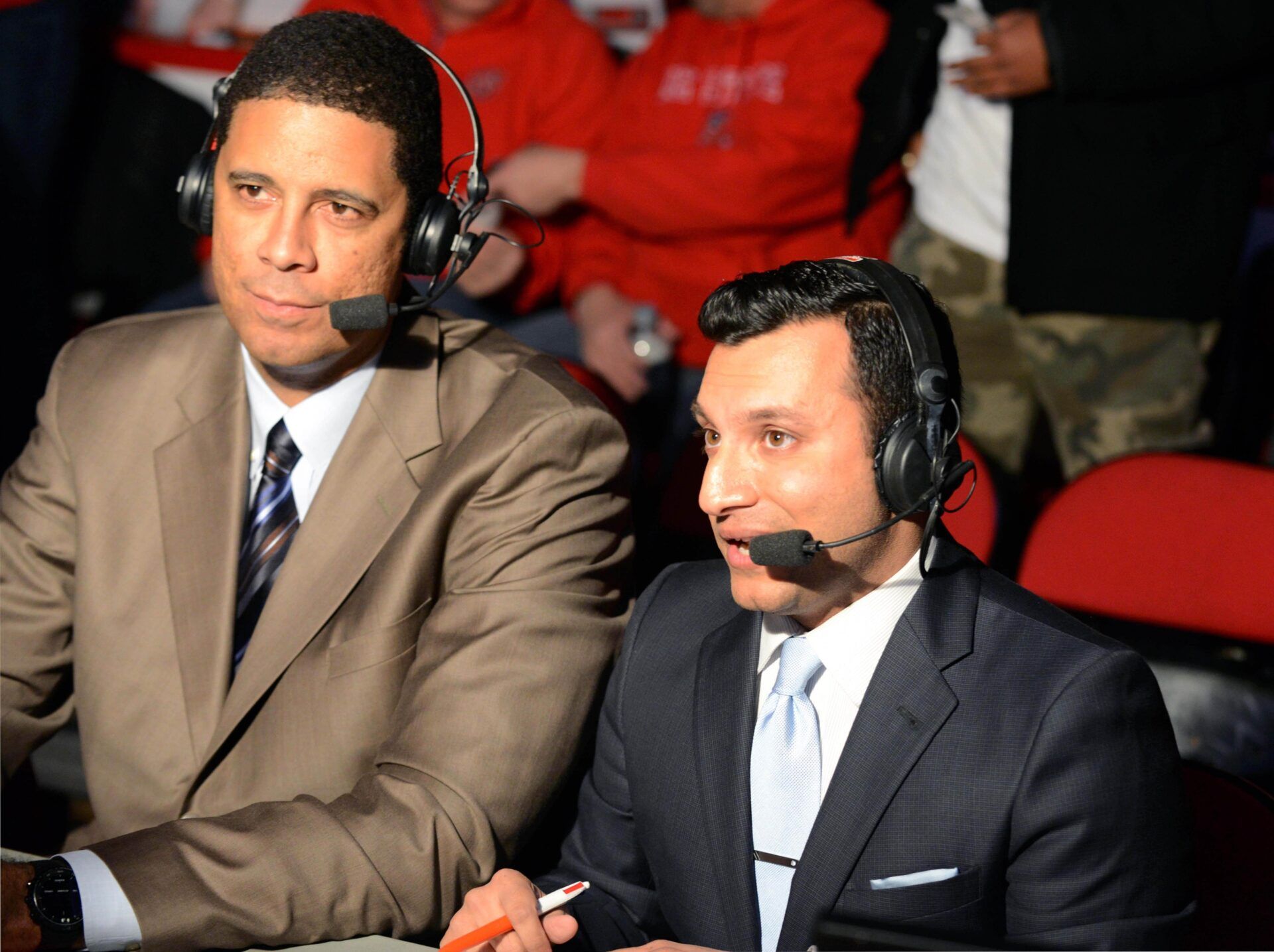 Brad Daugherty (left) and Adam Amin of ESPN call a game between theNorth Carolina State Wolfpack and the Notre Dame Fighting Irish at PNC Arena. The Fighting Irish won 81-78 in overtime. Mandatory Credit: Rob Kinnan-USA TODAY Sports