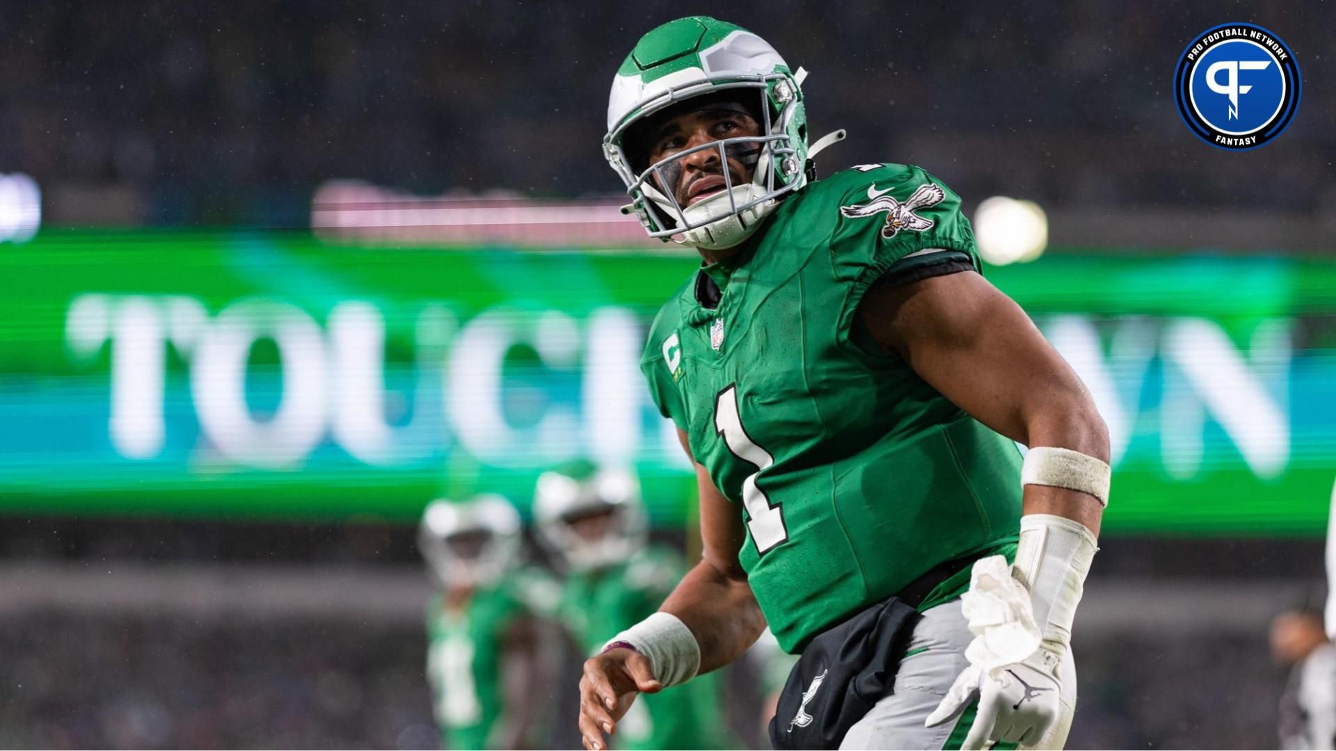 Philadelphia Eagles quarterback Jalen Hurts (1) looks into the stands after scoring a touchdown against the Buffalo Bills during the first quarter at Lincoln Financial Field. Mandatory Credit: Bill Streicher-USA TODAY Sports