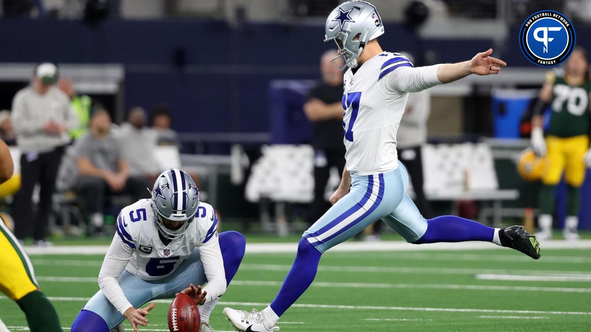 Dallas Cowboys place kicker Brandon Aubrey (17) kicks a PAT against the Green Bay Packers during the second half for the 2024 NFC wild card game at AT&T Stadium.