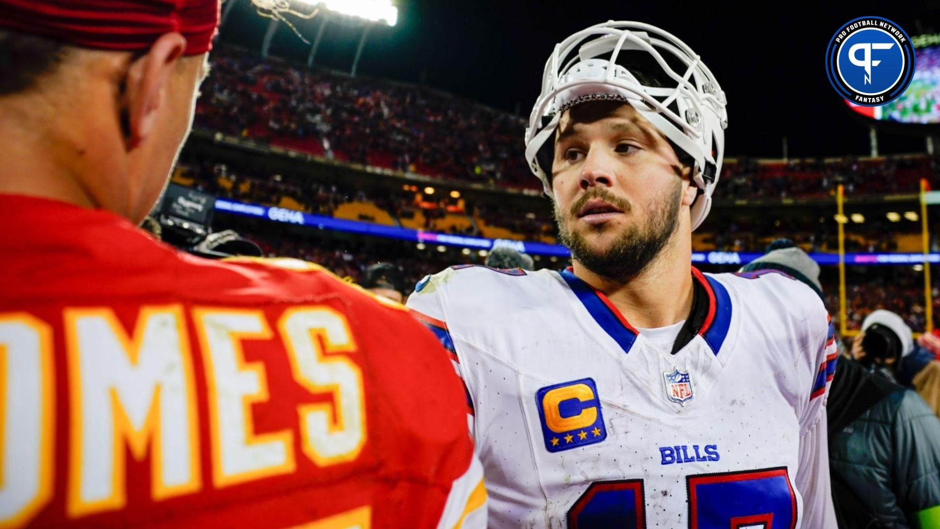 Dec 10, 2023; Kansas City, Missouri, USA; Buffalo Bills quarterback Josh Allen (17) talks with Kansas City Chiefs quarterback Patrick Mahomes (15) after a game at GEHA Field at Arrowhead Stadium. Mandatory Credit: Jay Biggerstaff-USA TODAY Sports