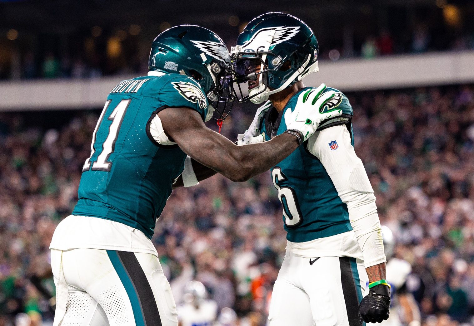 Philadelphia Eagles wide receiver DeVonta Smith (6) celebrates with wide receiver A.J. Brown (11) after a touchdown against the Dallas Cowboys during the third quarter at Lincoln Financial Field. Mandatory Credit: Bill Streicher-USA TODAY Sports