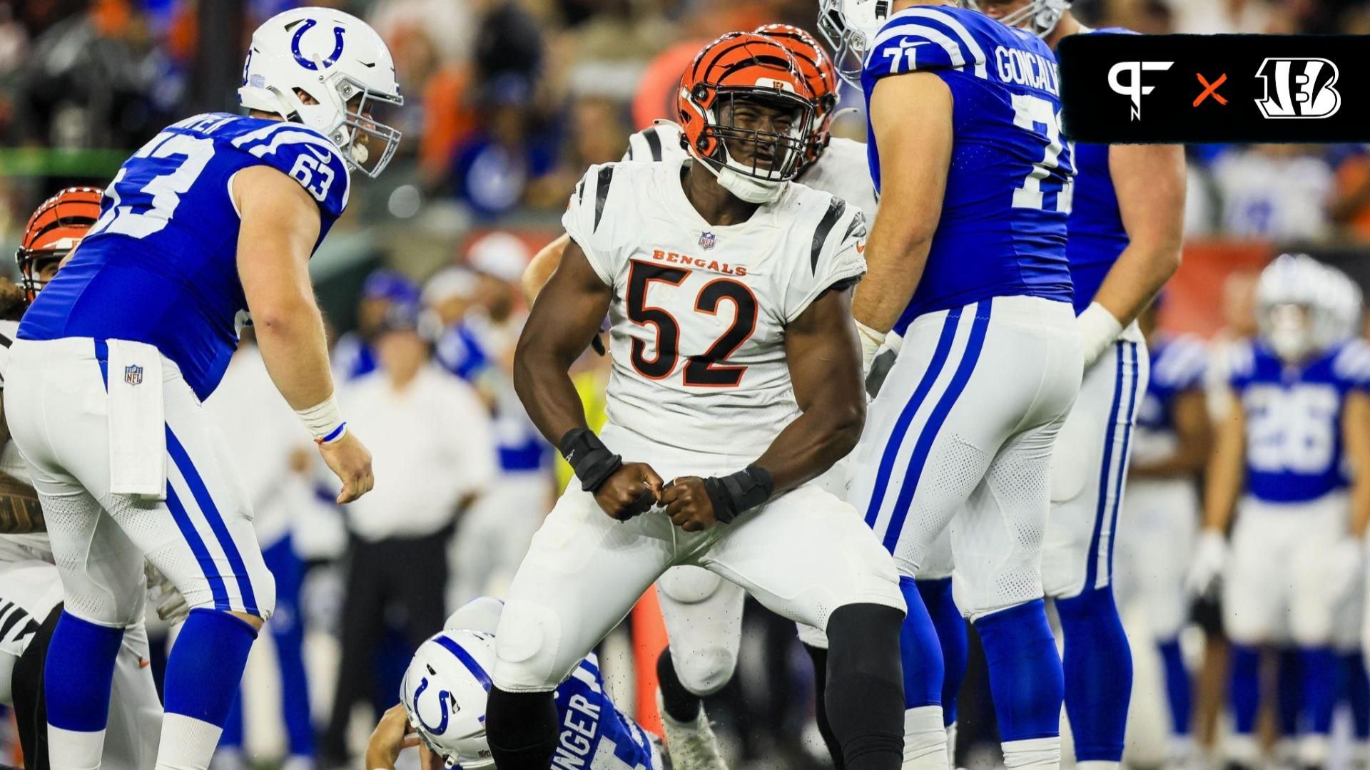 Cincinnati Bengals defensive end Cedric Johnson (52) reacts after sacking Indianapolis Colts quarterback Sam Ehlinger (4) in the first half at Paycor Stadium. Mandatory Credit: Katie Stratman-USA TODAY Sports