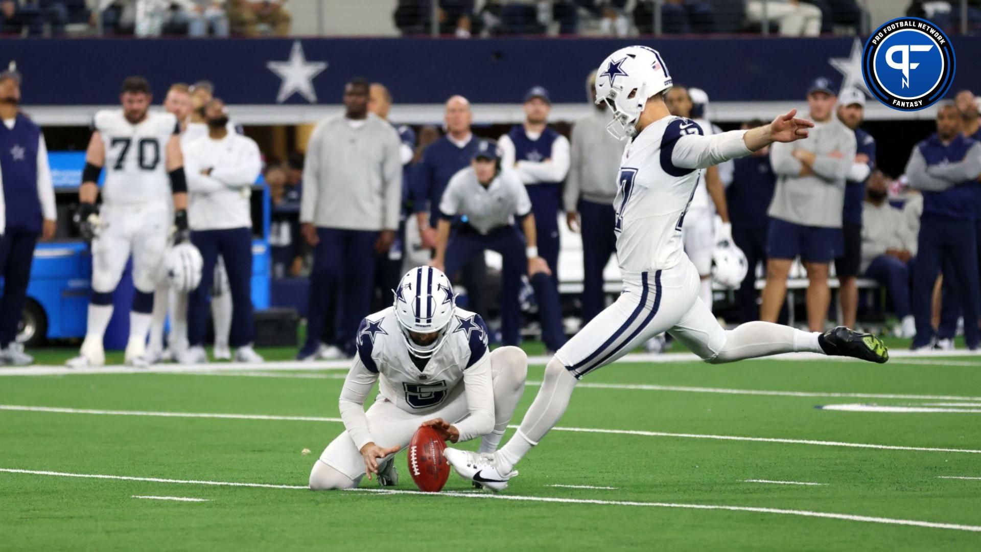 Dallas Cowboys place kicker Brandon Aubrey (17) kicks a field goal in the fourth quarter against the Philadelphia Eagles at AT&T Stadium. Mandatory Credit: Tim Heitman-USA TODAY Sports