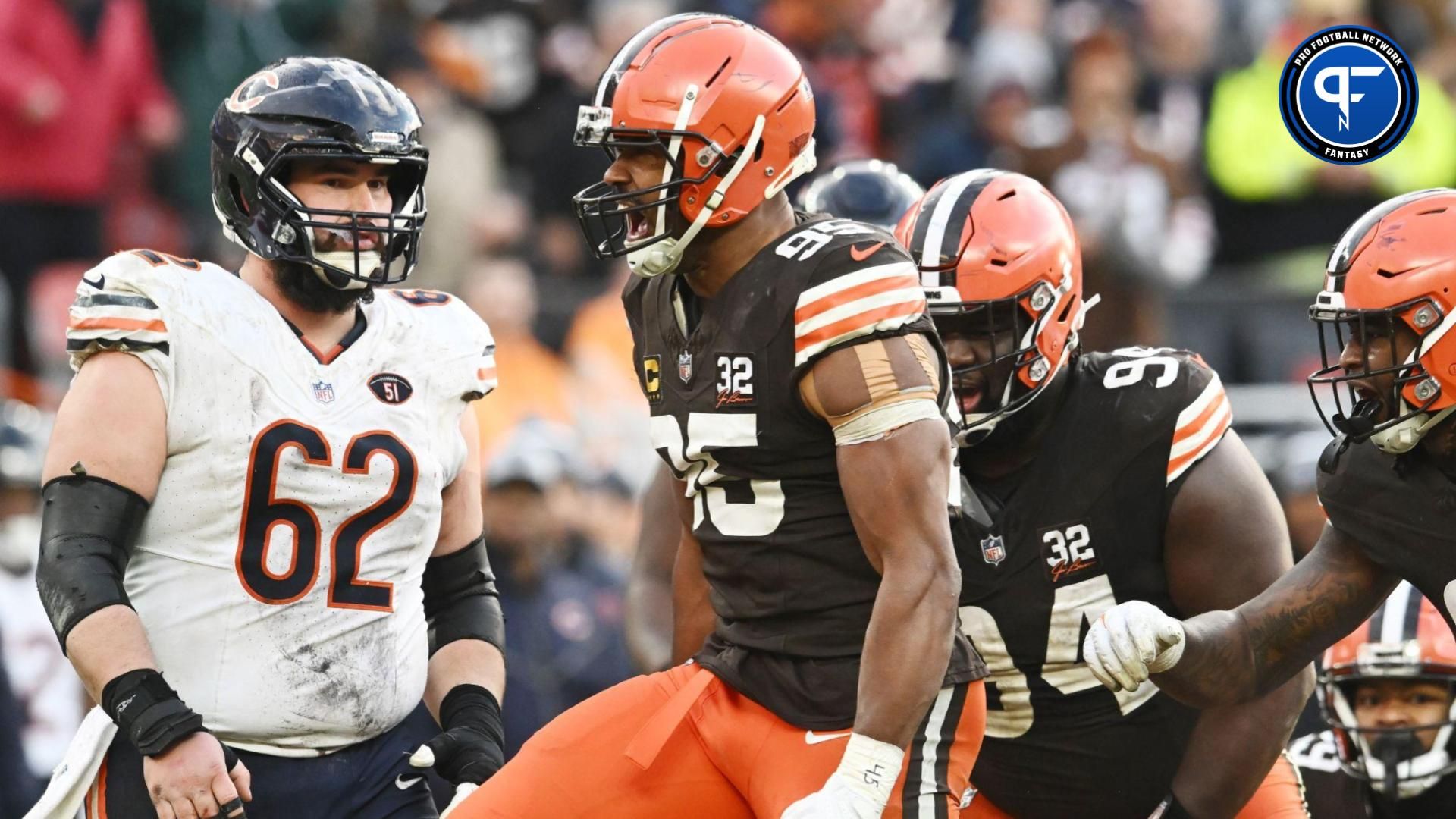 Cleveland Browns defensive end Myles Garrett (95) celebrates after making a tackle during the second half against the Chicago Bears at Cleveland Browns Stadium. Mandatory Credit: Ken Blaze-USA TODAY Sports