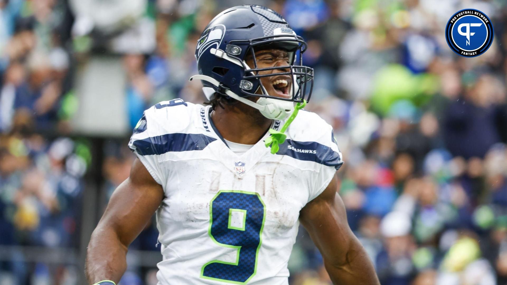 Seattle Seahawks running back Kenneth Walker III (9) reacts after rushing for a touchdown against the Carolina Panthers during the third quarter at Lumen Field. Mandatory Credit: Joe Nicholson-USA TODAY Sports