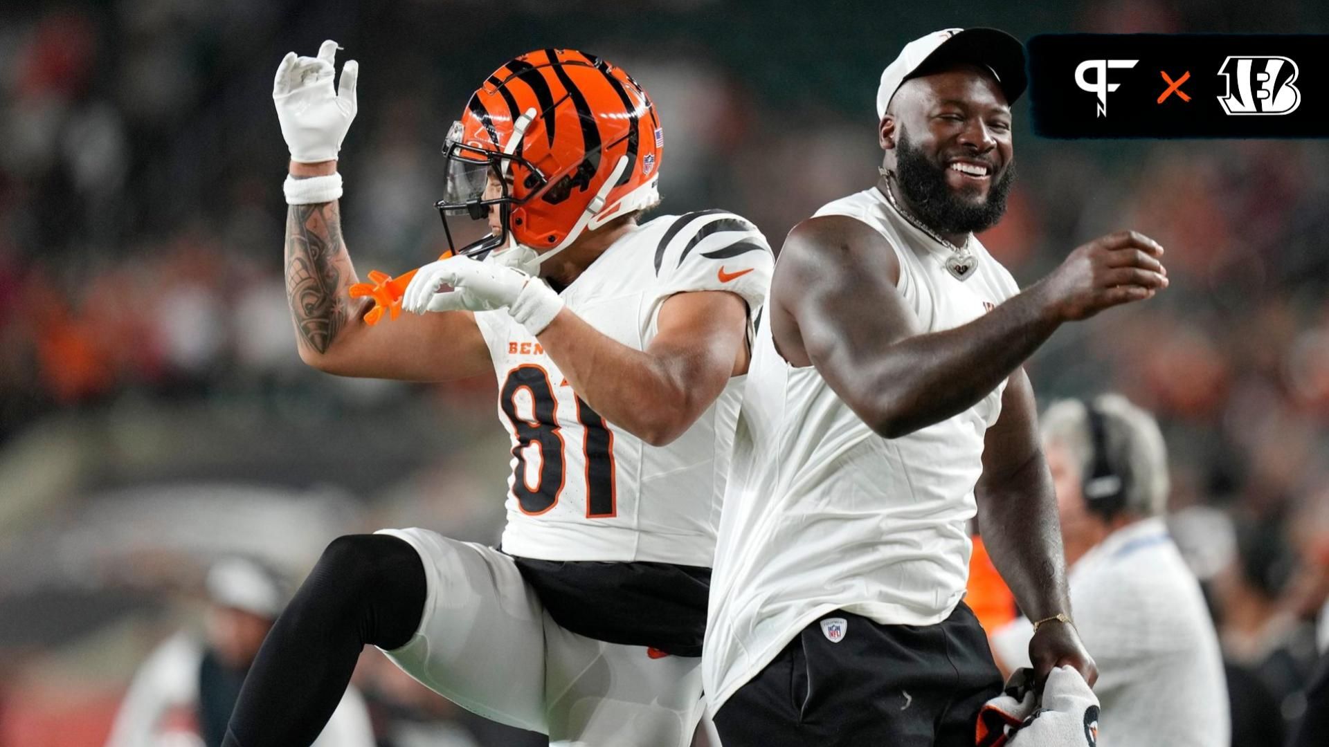 Cincinnati Bengals wide receiver Jermaine Burton (81) celebrates his touchdown with Cincinnati Bengals linebacker Germaine Pratt (57) in the fourth quarter of the NFL preseason game against the Indianapolis Colts at Paycor Stadium in Cincinnati on Thursday, Aug. 22, 2024.