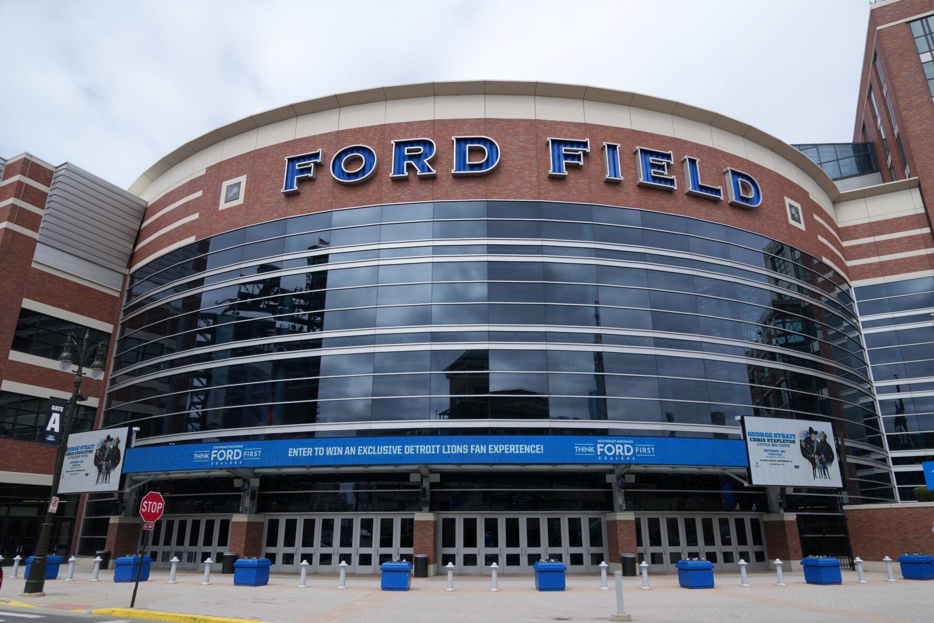 Apr 24, 2024; Detroit, MI, USA; A general overall view of Ford Field facade. The stadium is the home of the Detroit Lions. Mandatory Credit: Kirby Lee-USA TODAY Sports