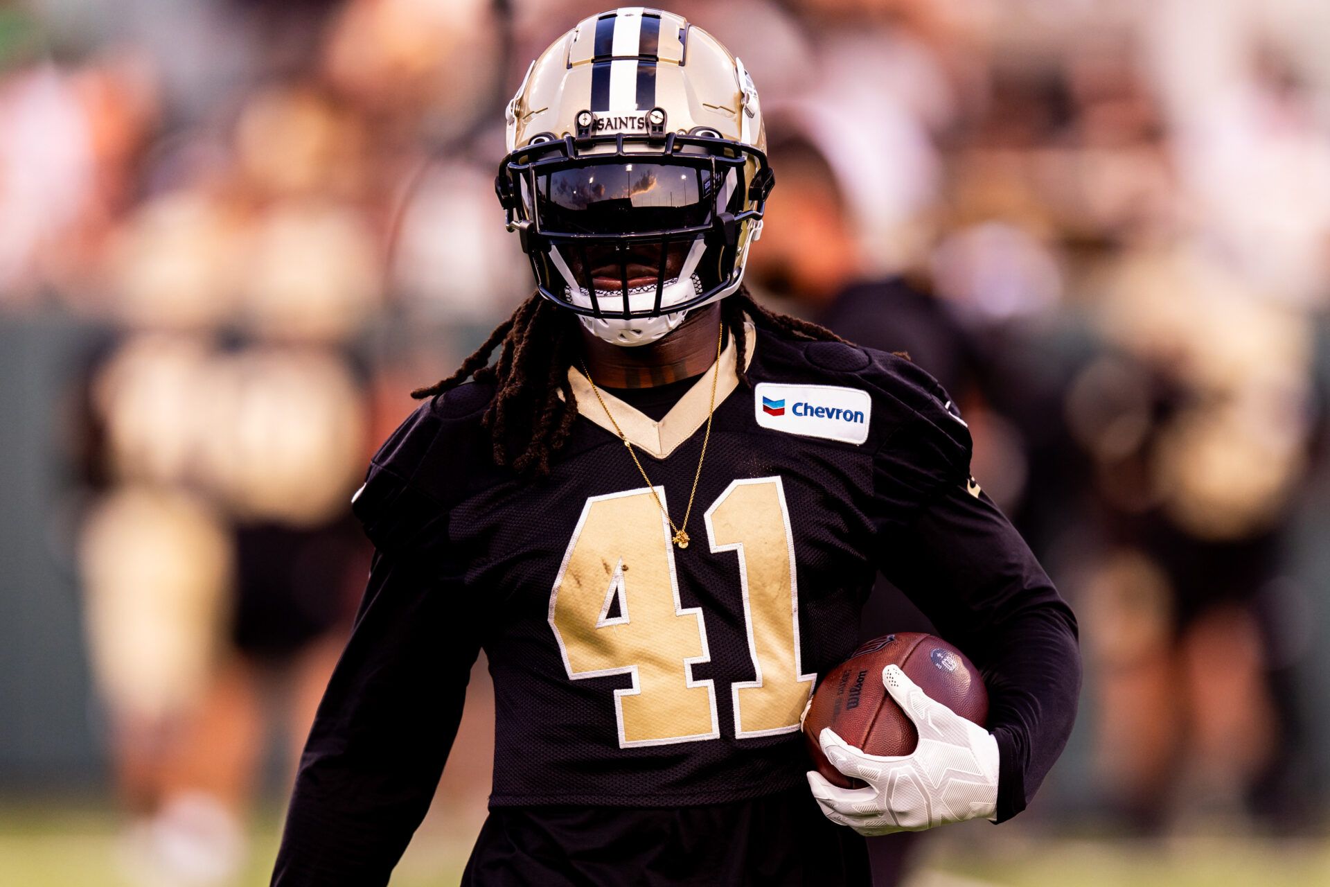 Aug 20, 2024; New Orleans, LA, USA; New Orleans Saints running back Alvin Kamara (41) during practice at Yulman Stadium (Tulane). Mandatory Credit: Stephen Lew-USA TODAY Sports