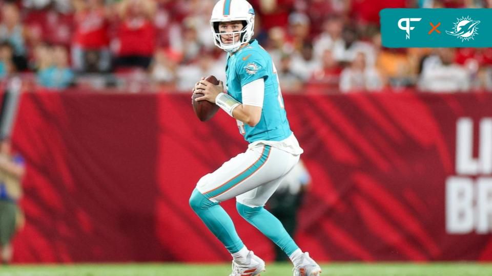 Miami Dolphins quarterback Mike White (14) drops back to pass against the Tampa Bay Buccaneers in the first quarter during preseason at Raymond James Stadium.