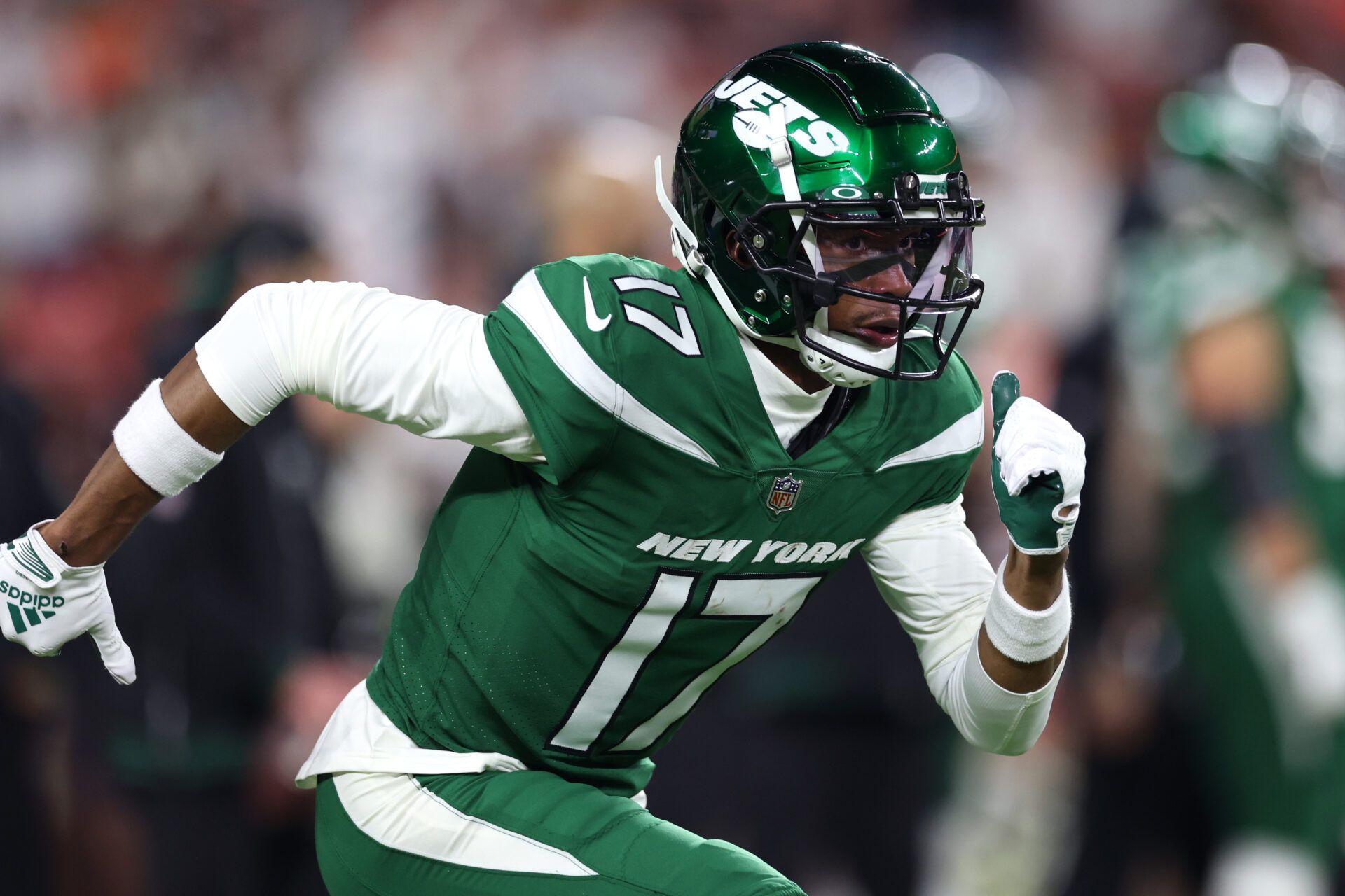 Dec 28, 2023; Cleveland, Ohio, USA; New York Jets wide receiver Garrett Wilson (17) warms up before the game against the Cleveland Browns at Cleveland Browns Stadium. Mandatory Credit: Scott Galvin-USA TODAY Sports