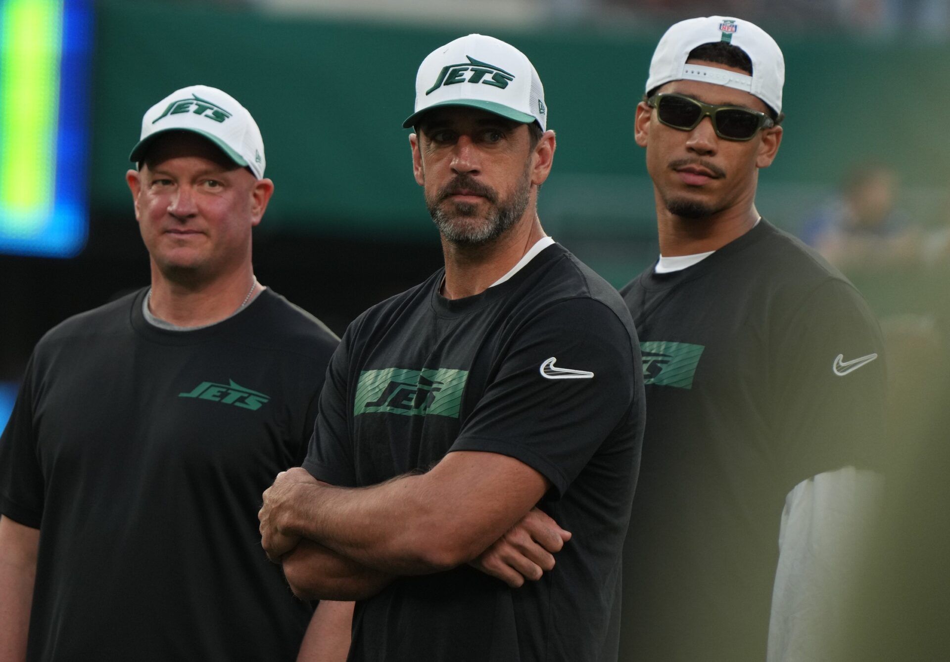 Jets offensive coordinator Nathaniel Hackett, Aaron Rodgers and Allen Lazard of the Jets before the game. The New York Giants and New York Jets meet at MetLife Stadium in the final preseason game of the 2024 season for both teams.