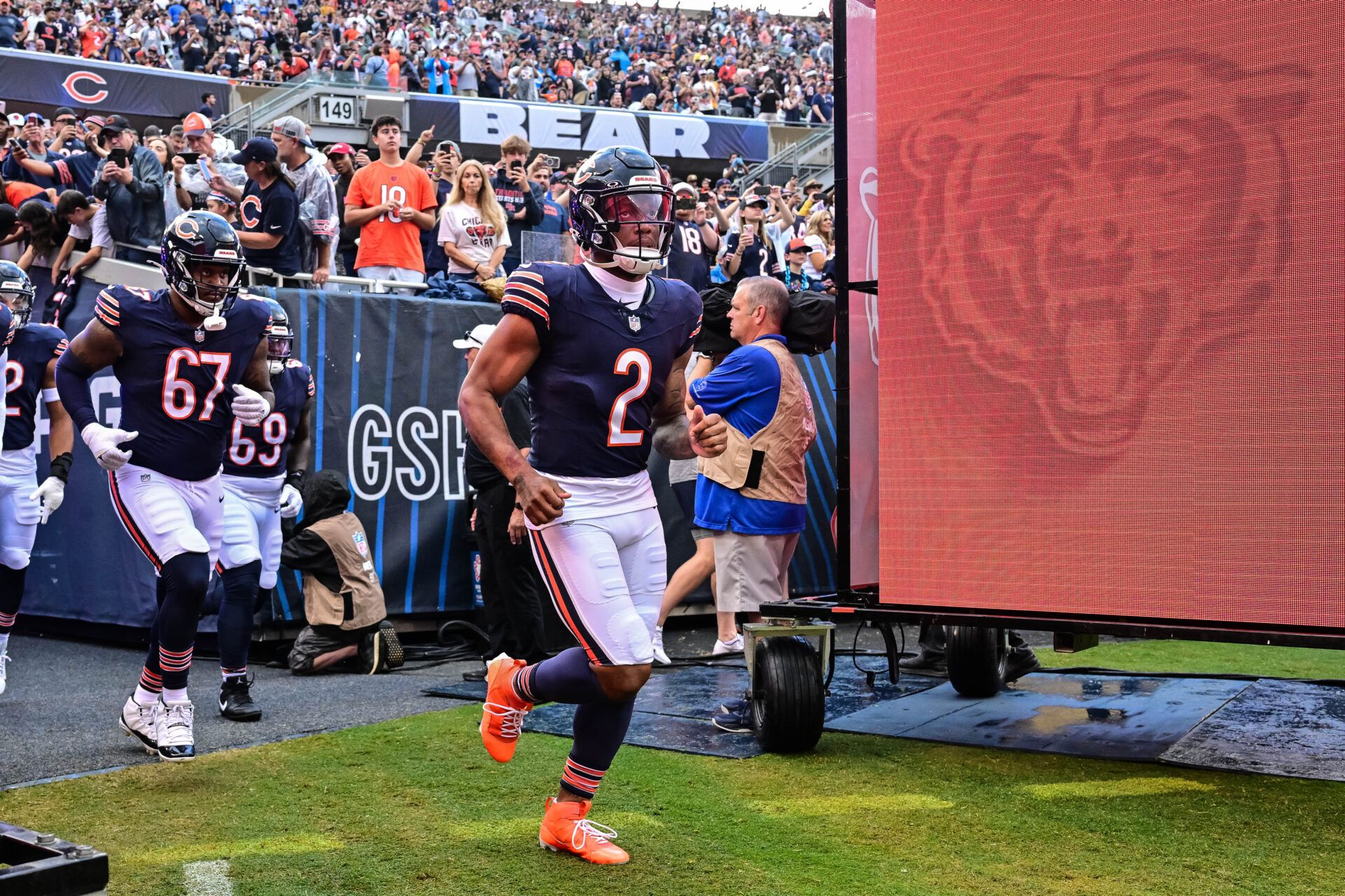 Aug 17, 2024; Chicago, Illinois, USA; Chicago Bears wide receiver DJ Moore (2) enters the field before the game against the Cincinnati Bengals at Soldier Field. Mandatory Credit: Daniel Bartel-USA TODAY Sports