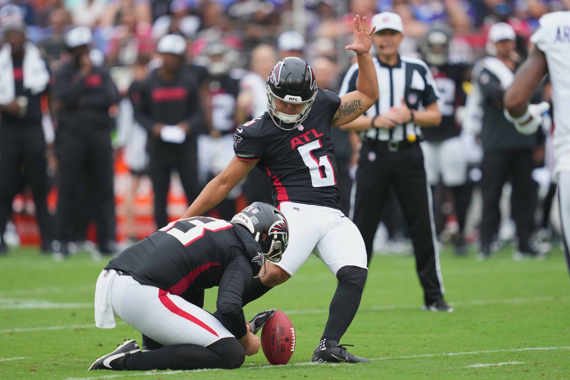 Aug 17, 2024; Baltimore, Maryland, USA; Atlanta Falcons kicker Younghoe Koo (6) misses a second quarter field goal attempt against the Baltimore Ravens during the first quarter at M&T Bank Stadium. Mandatory Credit: Mitch Stringer-USA TODAY Sports