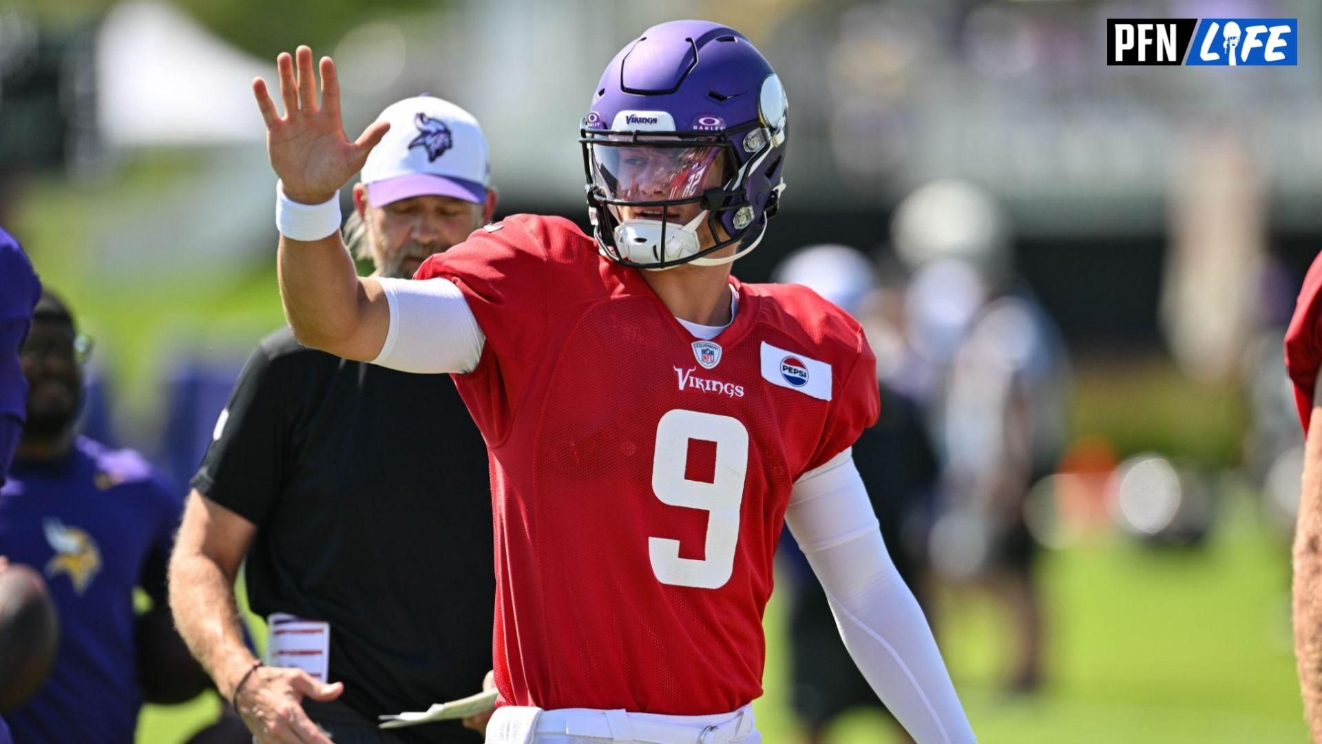 Minnesota Vikings quarterback J.J. McCarthy (9) looks on during practice at Vikings training camp in Eagan, MN.