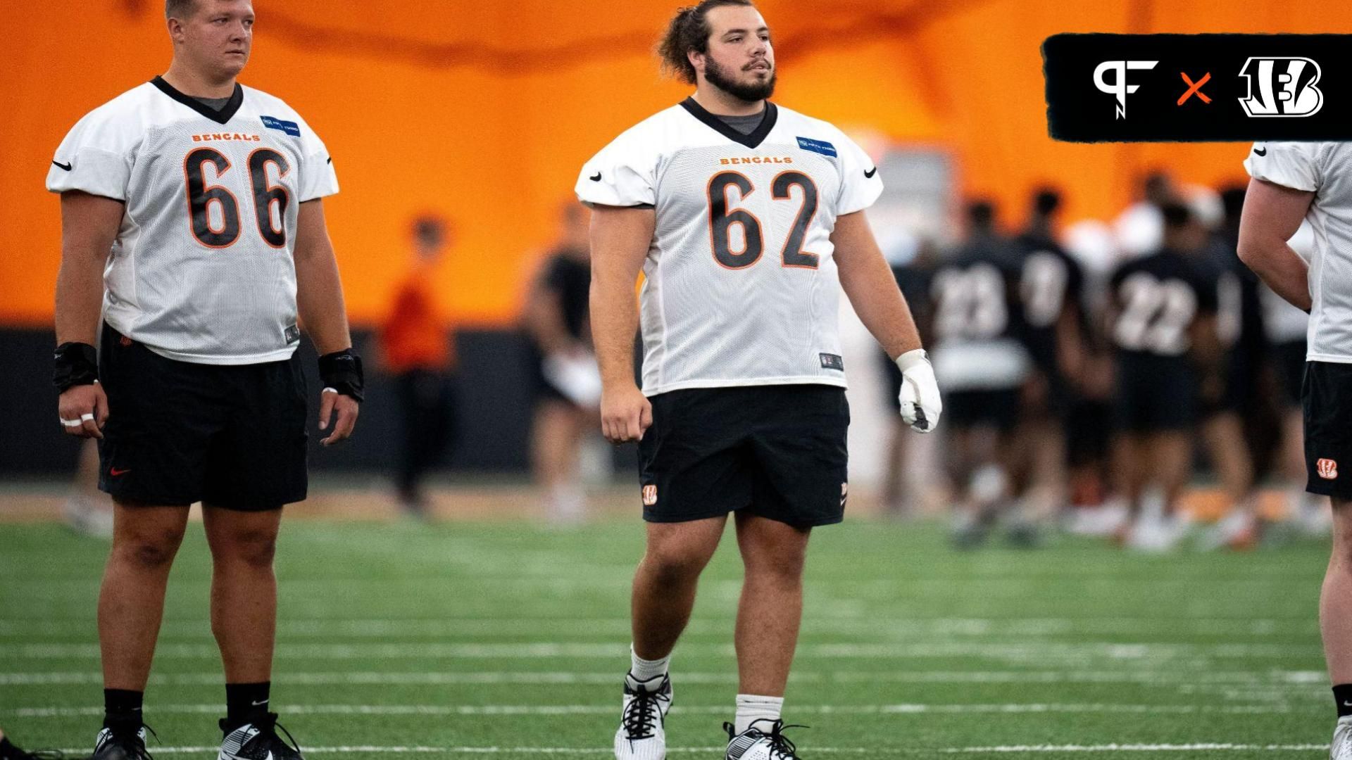 Cincinnati Bengals center Nate Gilliam (66), Cincinnati Bengals center Matt Lee (62) and Cincinnati Bengals offensive tackle Eric Miller (74) look on at Bengals spring practice at the IEL Indoor Facility in Cincinnati on Thursday, June 13, 2024.