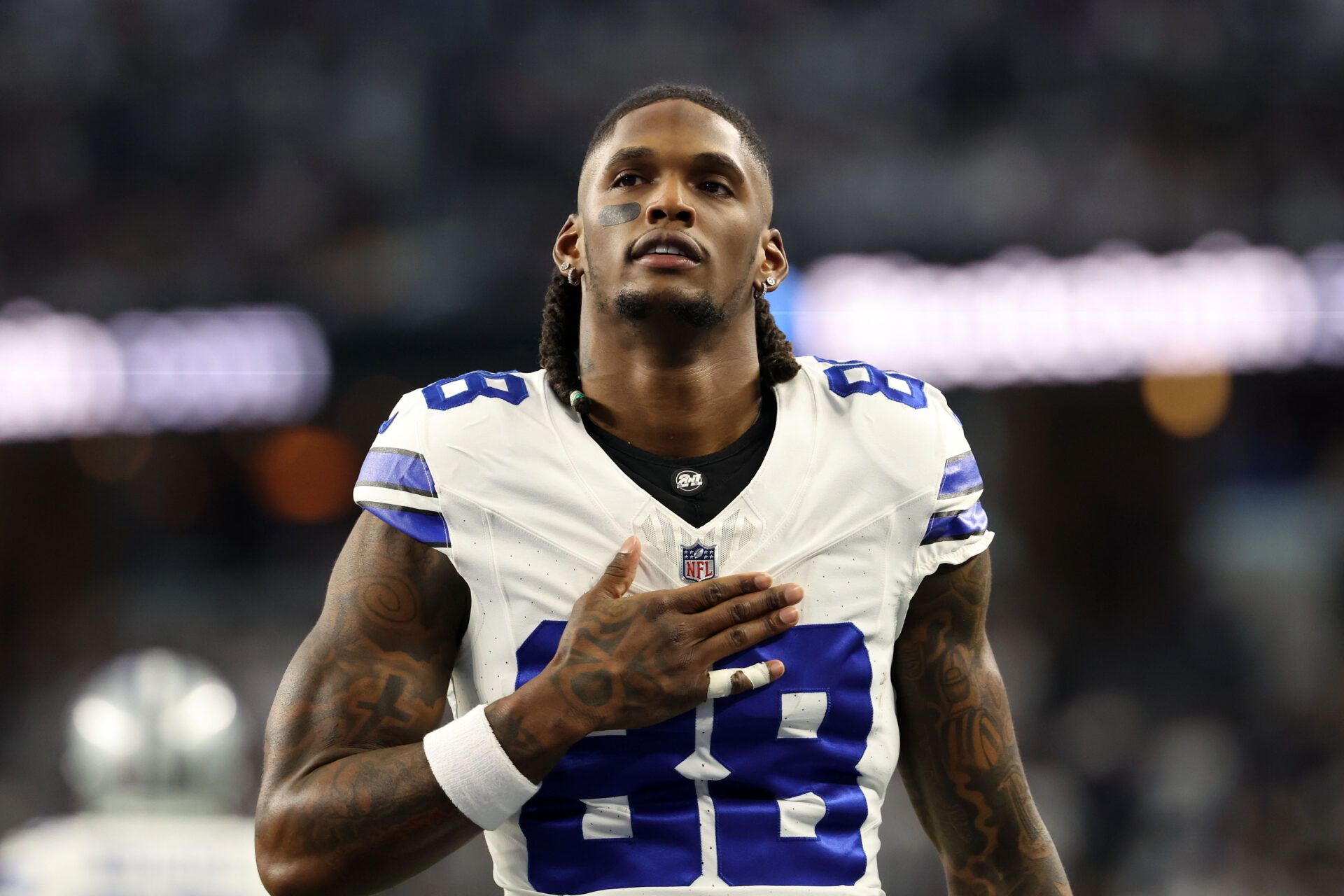 Jan 14, 2024; Arlington, Texas, USA; Dallas Cowboys wide receiver CeeDee Lamb (88) before the 2024 NFC wild card game against the Green Bay Packers at AT&T Stadium. Mandatory Credit: Kevin Jairaj-USA TODAY Sports