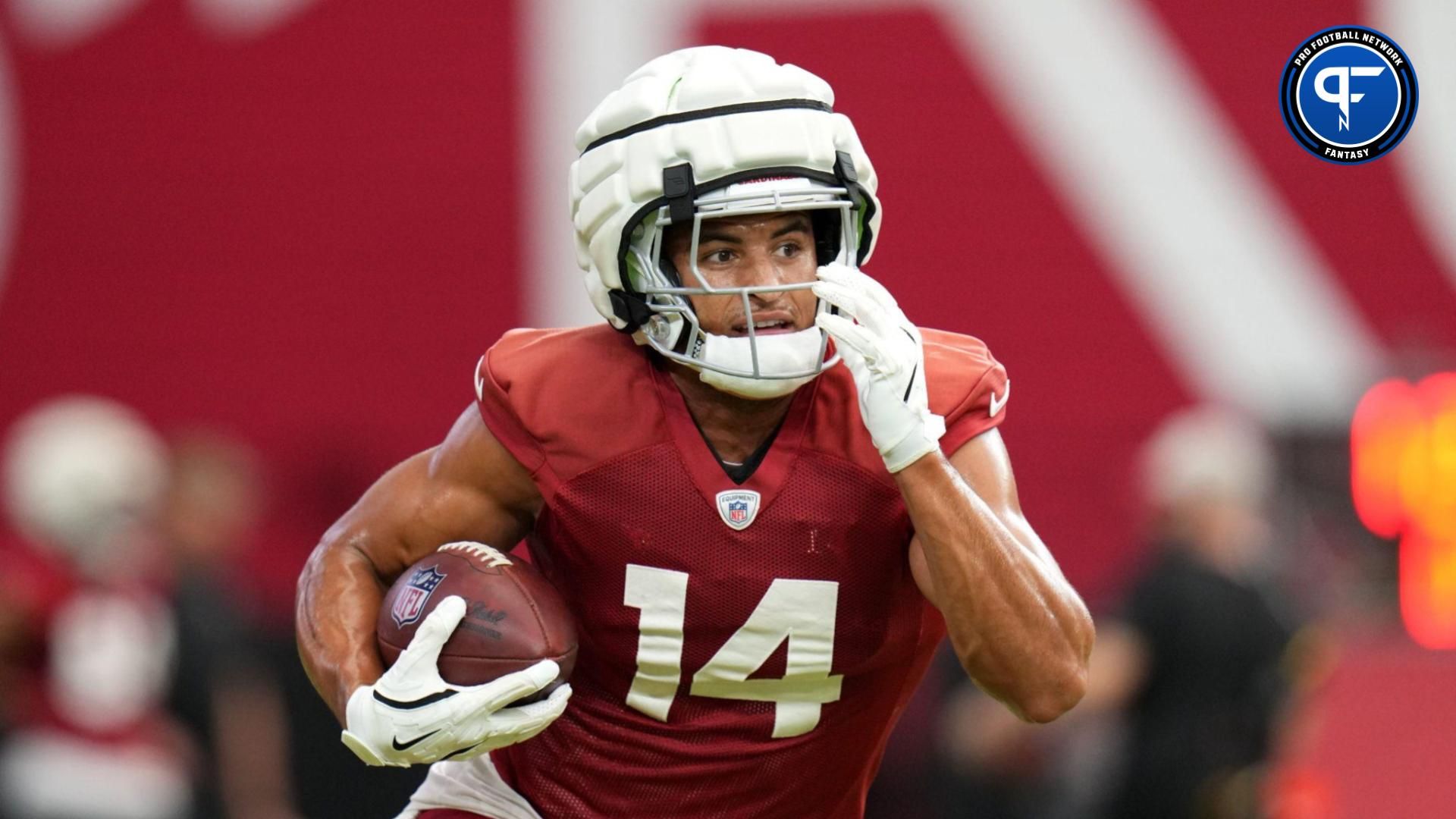 Arizona Cardinals receiver Michael Wilson (14) runs with the ball during training camp at State Farm Stadium on Aug 6, 2024, in Glendale, Ariz. © Joe Rondone/The Republic / USA TODAY NETWORK