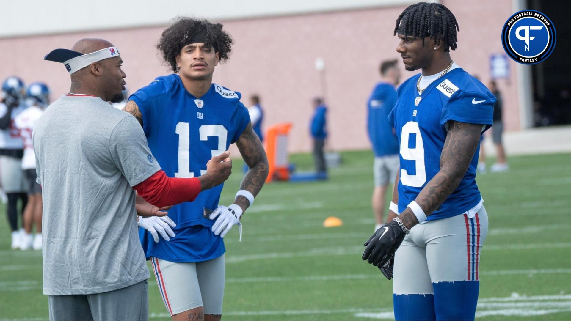 Right, Steve Smith, a former pro bowl NFL wide receiver, works with wide receivers Jalin Hyatt and Malik Nabers. The NY Giants NFL team held an organized team activity at their training facility in East Rutherford, NJ on Thursday May 30, 2024.