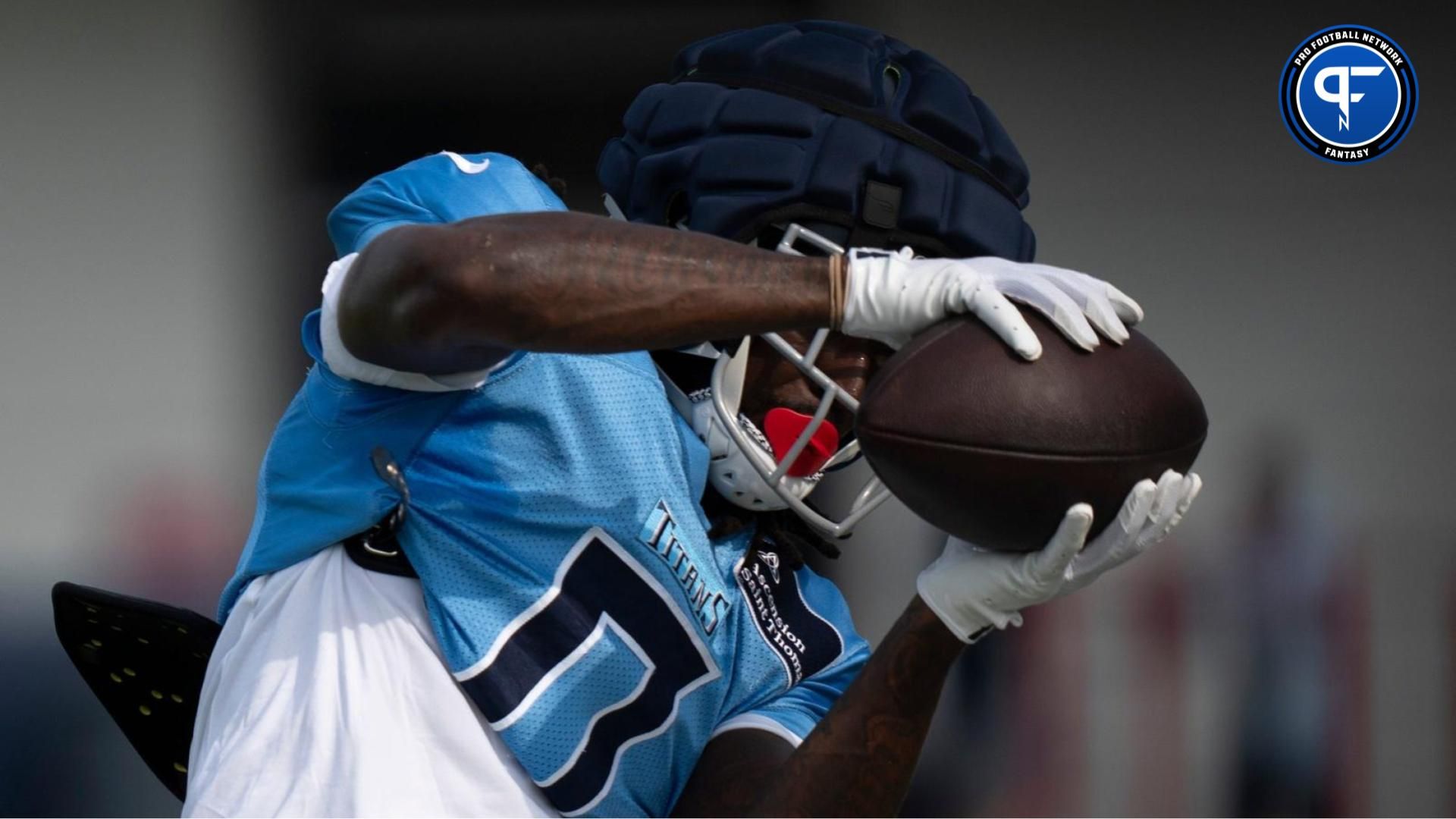 Tennessee Titans wide receiver Calvin Ridley (0) pulls in a pass during training camp at Ascension Saint Thomas Sports Park Thursday, Aug. 8, 2024.