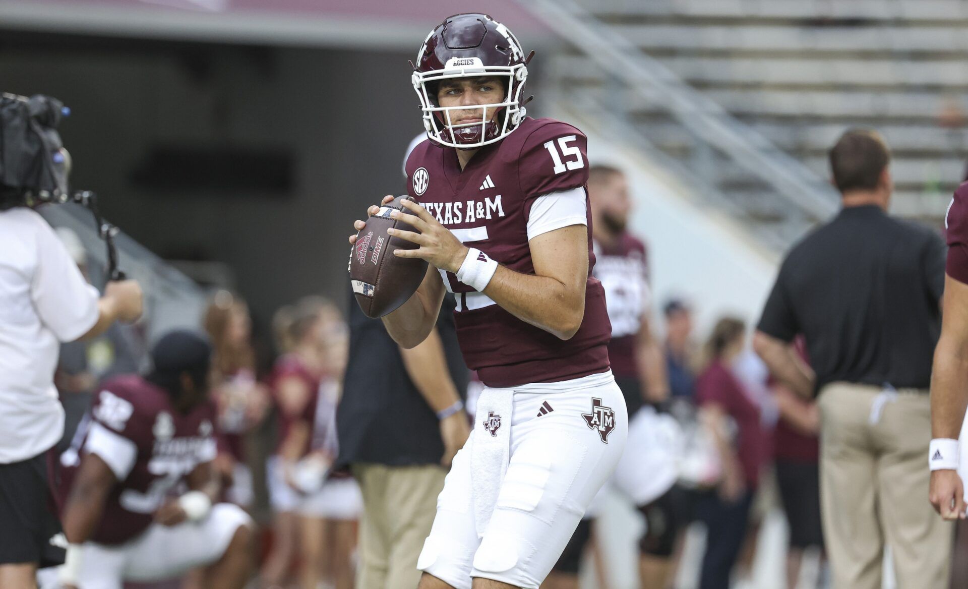 Texas A&M Aggies quarterback Conner Weigman (15) warms up before the game against the Louisiana Monroe Warhawks at Kyle Field. Mandatory Credit: Troy Taormina-USA TODAY Sports