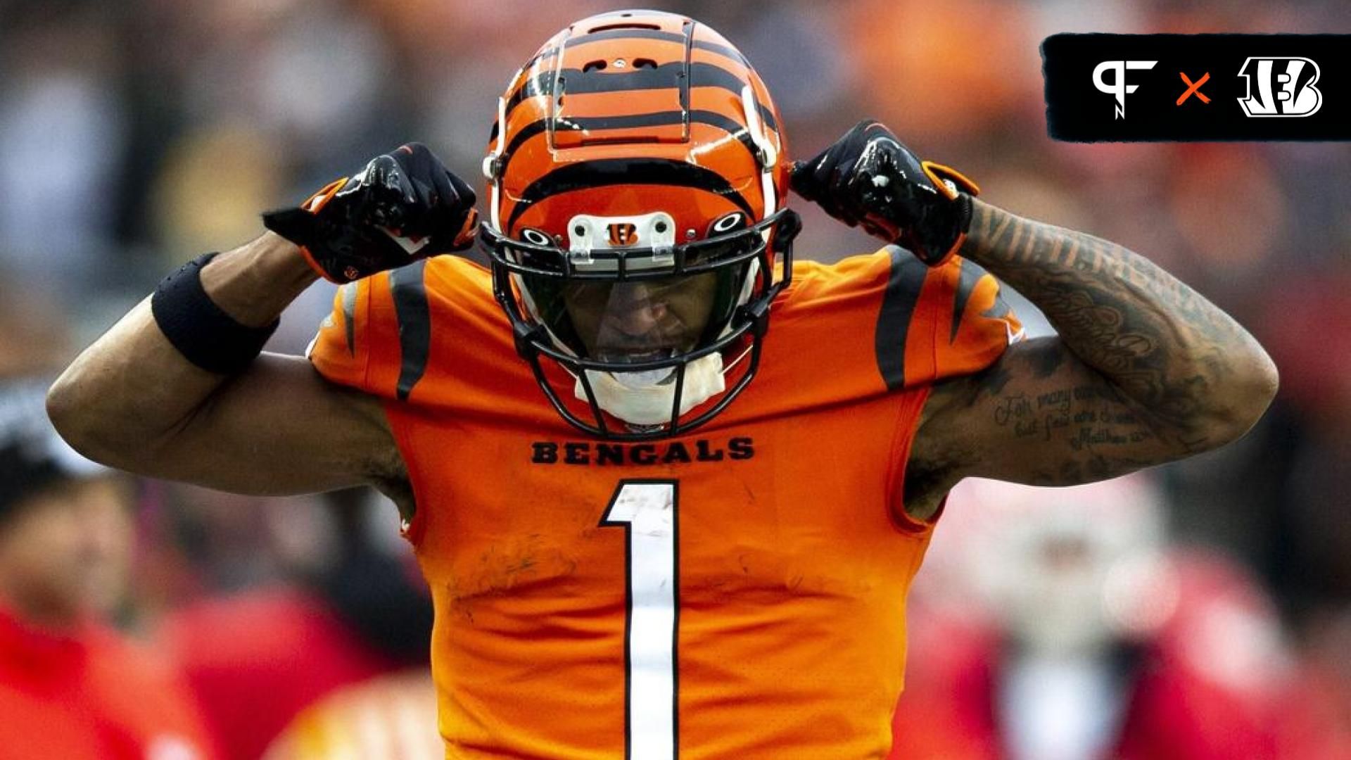 Cincinnati Bengals wide receiver Ja'Marr Chase (1) celebrates after catching a first down pass in the Cincinnati Bengals final drive that ended with a game winning field goal in the second half of the NFL game on Sunday, Jan. 2, 2022, at Paul Brown Stadium in Cincinnati. Cincinnati Bengals defeated Kansas City Chiefs 34-31.