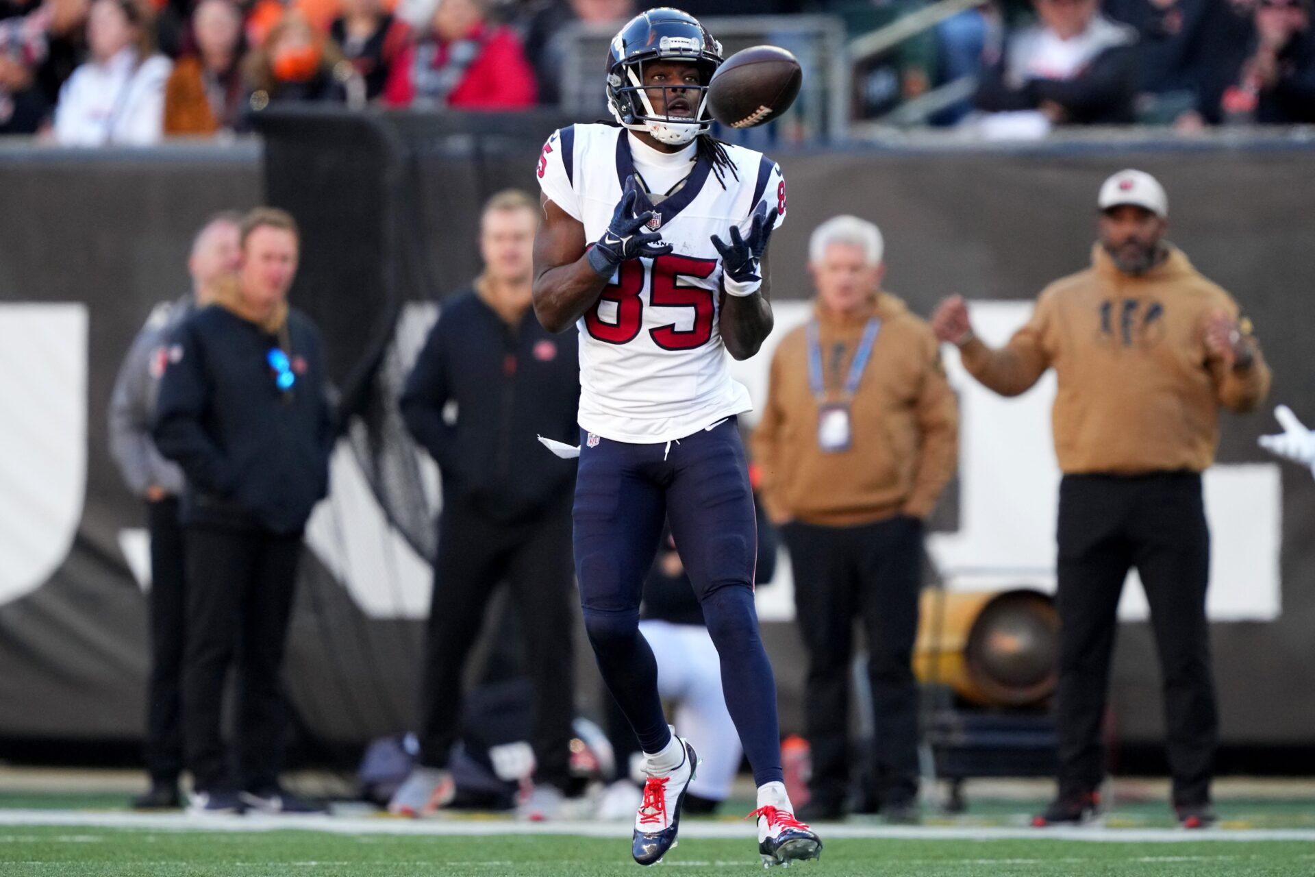 Houston Texans wide receiver Noah Brown (85) catches a pass in the fourth quarter of a Week 10 NFL football game between the Houston Texans and the Cincinnati Bengals, Sunday, Nov. 12, 2023, at Paycor Stadium in Cincinnati. The Houston Texans won, 30-27.