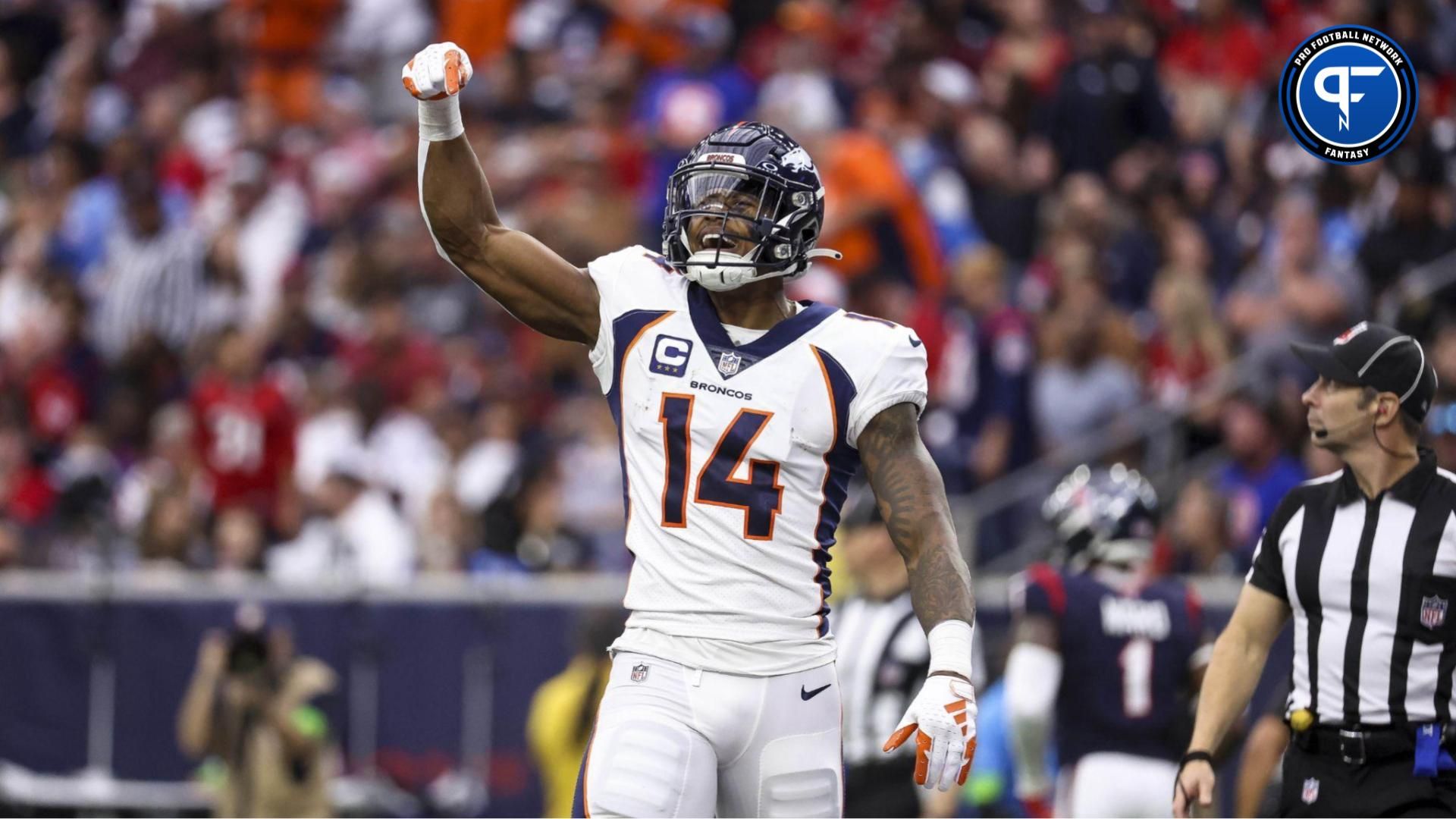 Denver Broncos wide receiver Courtland Sutton (14) reacts after scoring a touchdown during the third quarter against the Houston Texans at NRG Stadium. Mandatory Credit: Troy Taormina-USA TODAY Sports