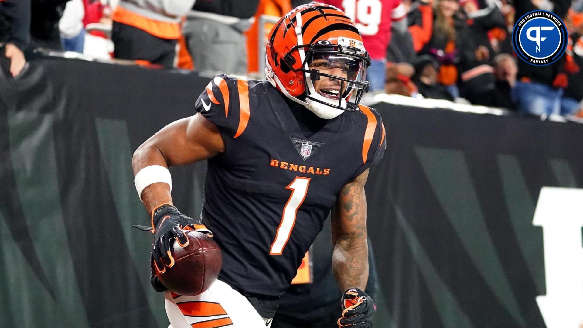 Cincinnati Bengals wide receiver Ja'Marr Chase (1) celebrates a touchdown catch in the fourth quarter of a Week 14 NFL football game against the San Francisco 49ers, Sunday, Dec. 12, 2021, Paul Brown Stadium in Cincinnati. The San Francisco 49ers defeated the Cincinnati Bengals, 26-23.