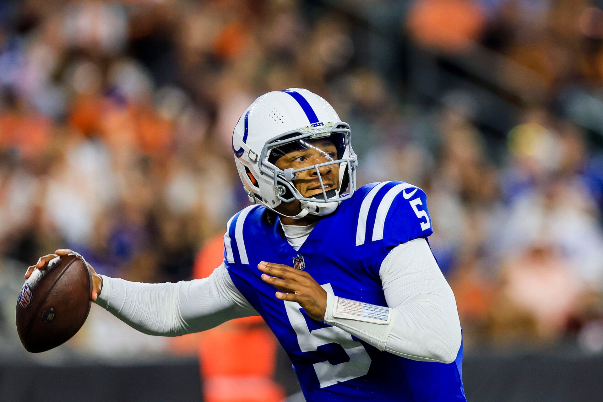 Aug 22, 2024; Cincinnati, Ohio, USA; Indianapolis Colts quarterback Anthony Richardson (5) throws a pass against the Cincinnati Bengals in the first half at Paycor Stadium. Mandatory Credit: Katie Stratman-USA TODAY Sports