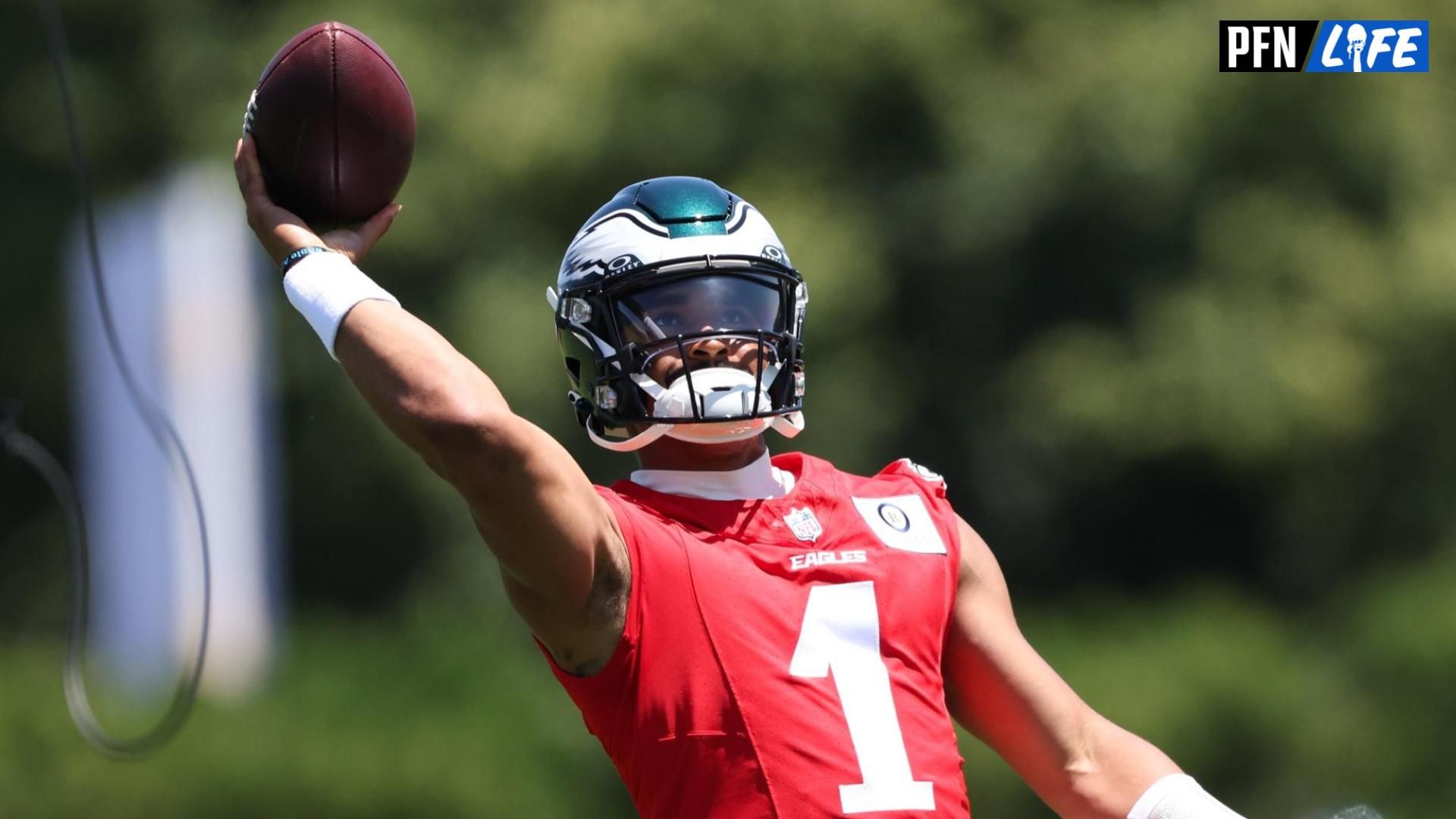 Philadelphia Eagles quarterback Jalen Hurts (1) throws the ball at practice at NovaCare Complex. Mandatory Credit: Bill Streicher-USA TODAY Sports