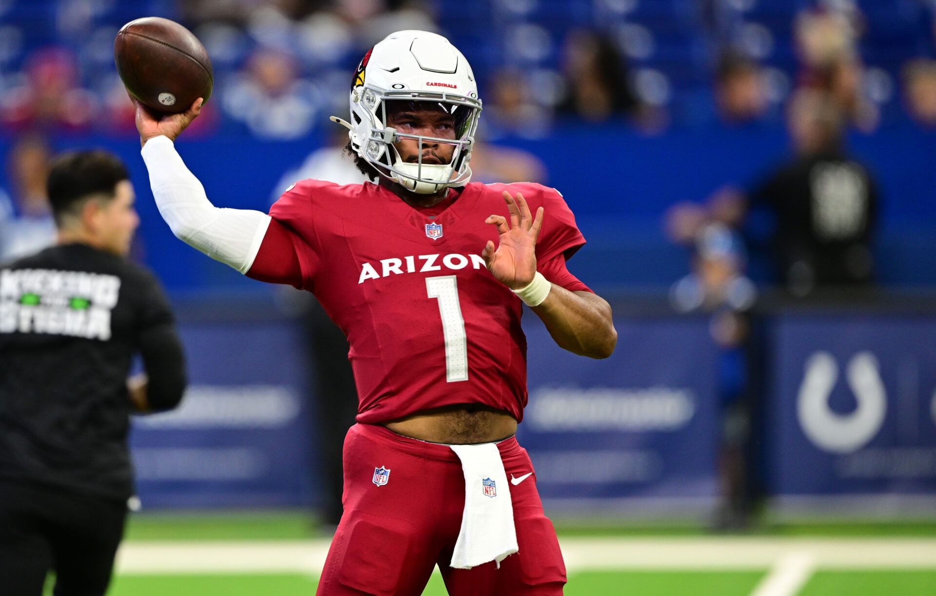 Aug 17, 2024; Indianapolis, Indiana, USA; Arizona Cardinals quarterback Kyler Murray (1) throws a pass to warm up before the game against the Indianapolis Colts at Lucas Oil Stadium. Mandatory Credit: Marc Lebryk-USA TODAY Sports