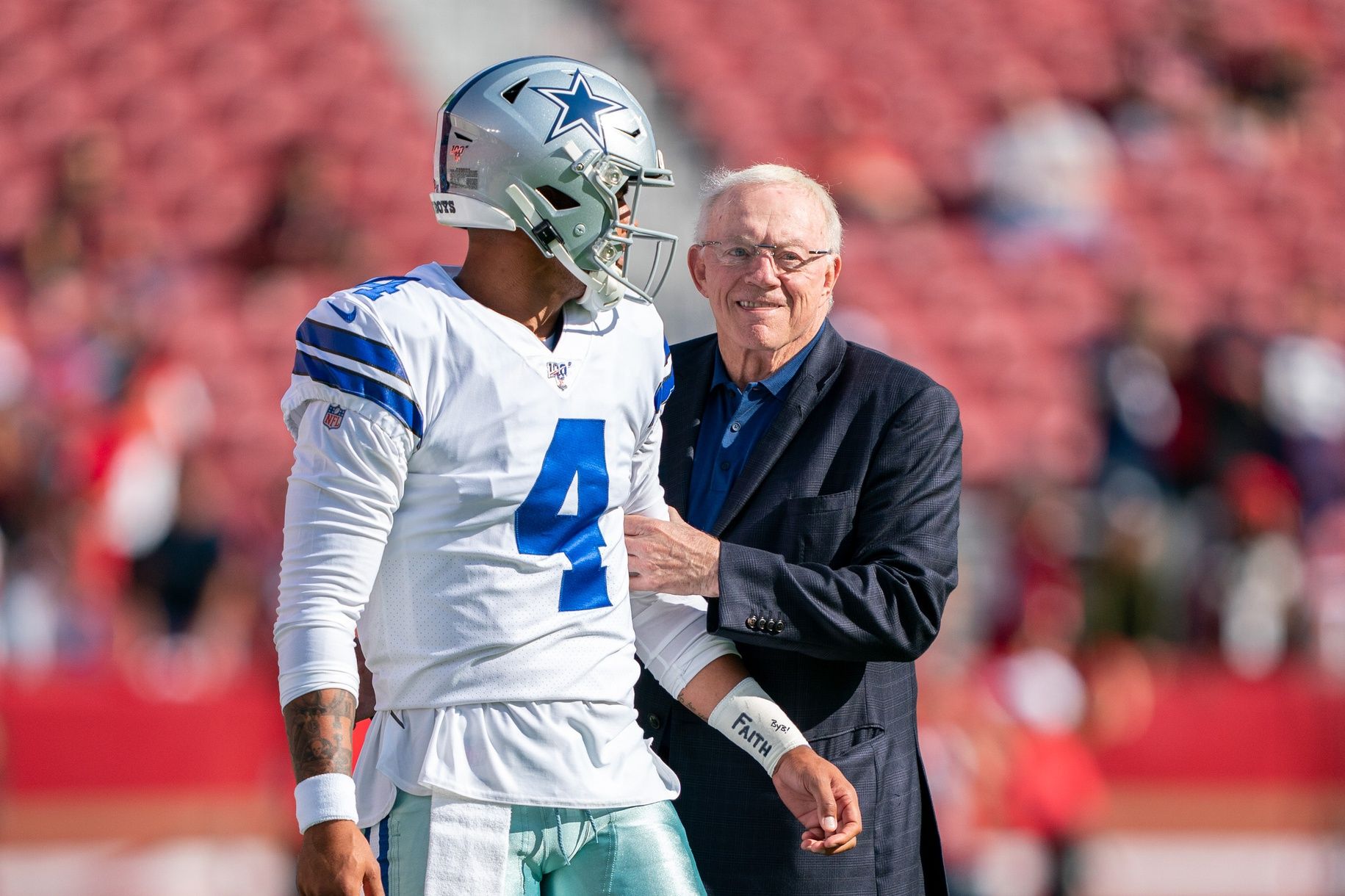 Dallas Cowboys quarterback Dak Prescott (4) and owner Jerry Jones (right) before the game against the San Francisco 49ers at Levi's Stadium. Mandatory Credit: Kyle Terada-USA TODAY Sports