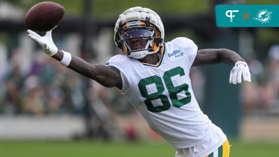 Green Bay Packers wide receiver Grant DuBose (86) reaches out for a pass during the 12th practice of training camp on Tuesday, August 6, 2024, at Ray Nitschke Field in Ashwaubenon, Wis. Tork Mason/USA TODAY NETWORK-Wisconsin