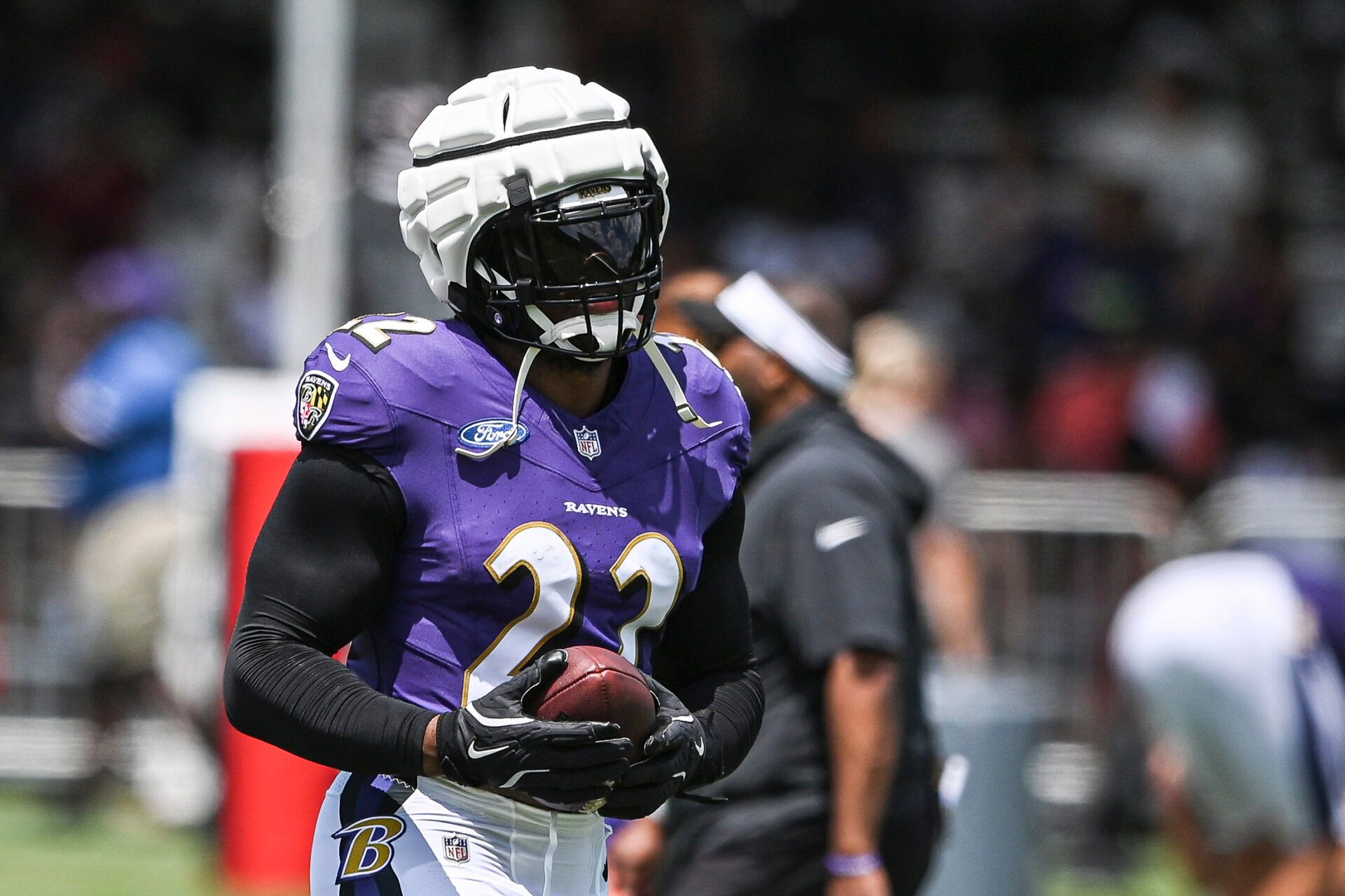 Jul 27, 2024; Owings Mill , MD, USA; Baltimore Ravens running back Derrick Henry (22) after a drill during the afternoon session of training camp at the Under Armour Performance Center, Mandatory Credit: Tommy Gilligan-USA TODAY Sports