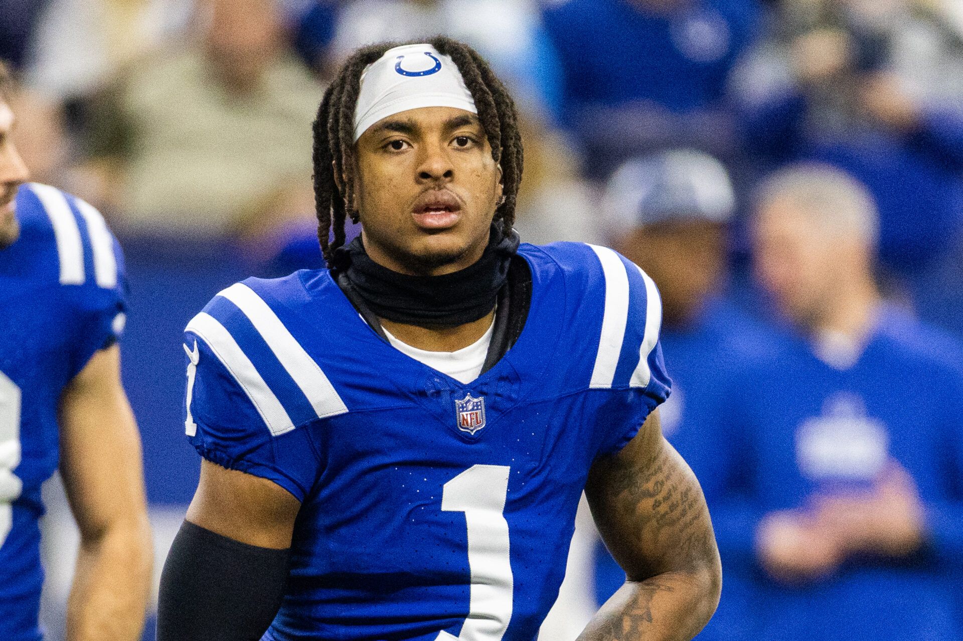 Dec 31, 2023; Indianapolis, Indiana, USA; Indianapolis Colts wide receiver Josh Downs (1) during warmups before the game against the Las Vegas Raiders at Lucas Oil Stadium. Mandatory Credit: Trevor Ruszkowski-USA TODAY Sports