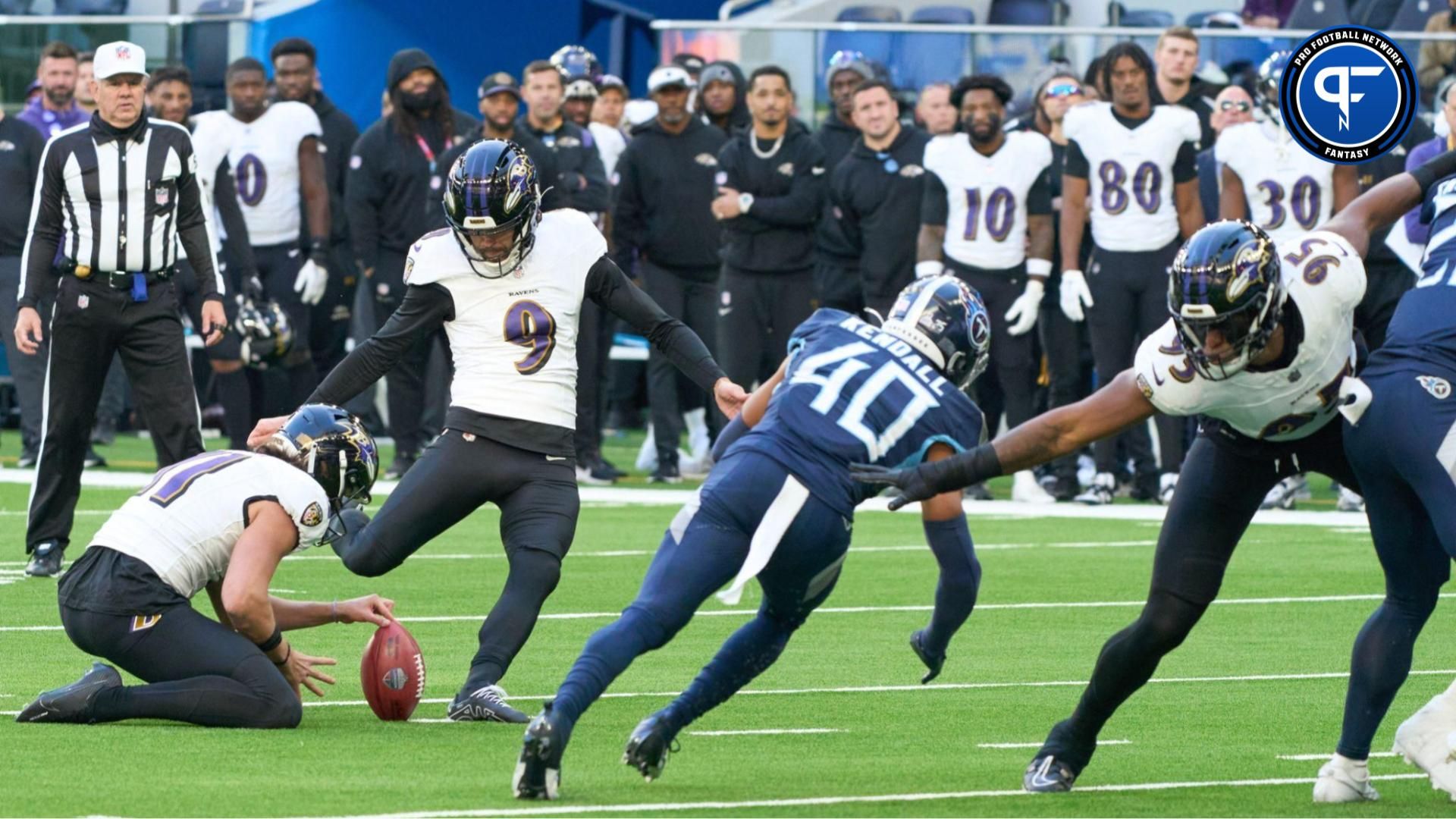 Baltimore Ravens place kicker Justin Tucker (9) kicks the points during the first half of an NFL International Series game at Tottenham Hotspur Stadium. Where does he land in our fantasy rankings?