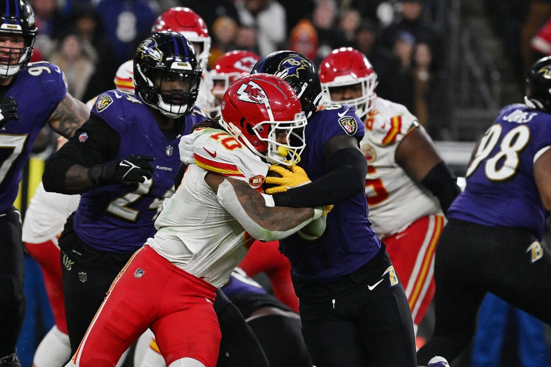 Baltimore Ravens cornerback Arthur Maulet (10) carries the ball against the Baltimore Ravens during the second half in the AFC Championship football game at M&T Bank Stadium. Mandatory Credit: Tommy Gilligan-USA TODAY Sports