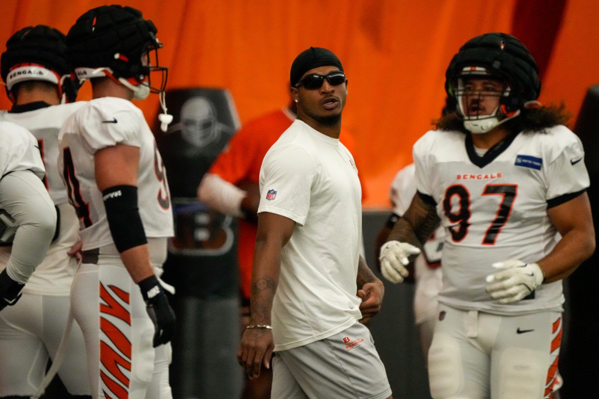 Cincinnati Bengals wide receiver Ja'Marr Chase (1) arrives at practice late, and out of uniform during an indoor practice at the Paycor Stadium practice facility in downtown Cincinnati on Wednesday, Aug. 28, 2024.