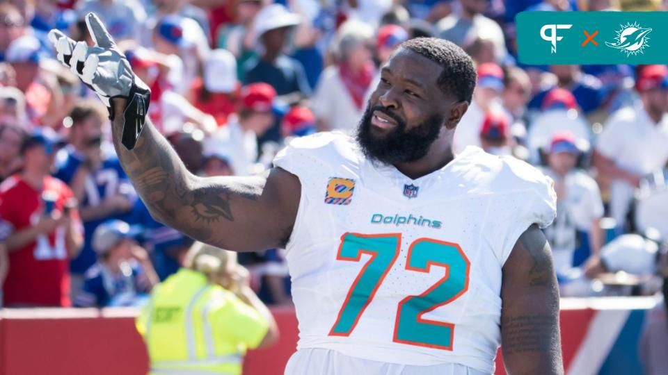 Miami Dolphins offensive tackle Terron Armstead (72) reacts to the crowd before a game against the Buffalo Bills at Highmark Stadium. Mandatory Credit: Mark Konezny-USA TODAY Sports