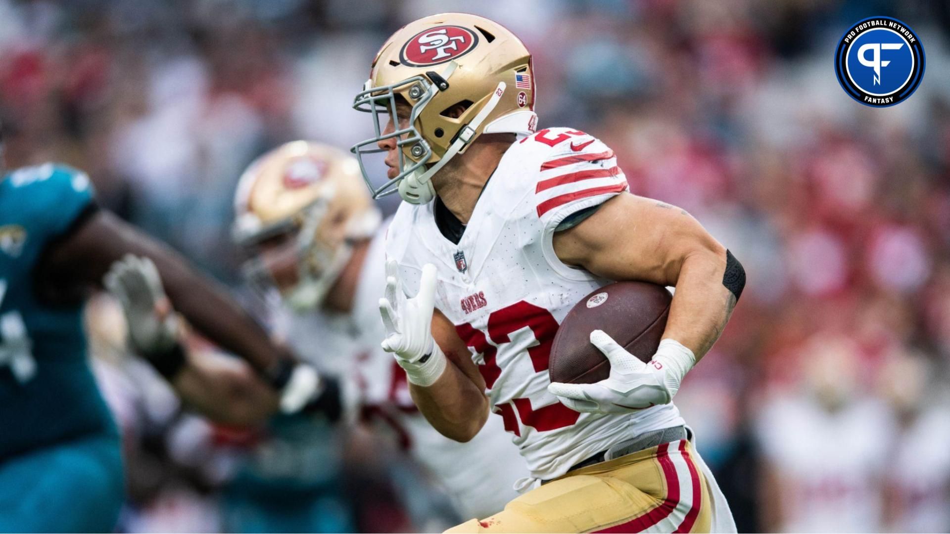 San Fransisco 49ers running back Christian McCaffrey (23) runs with the ball against the Jacksonville Jaguars in the second quarter at EverBank Stadium. Mandatory Credit: Jeremy Reper-USA TODAY Sports