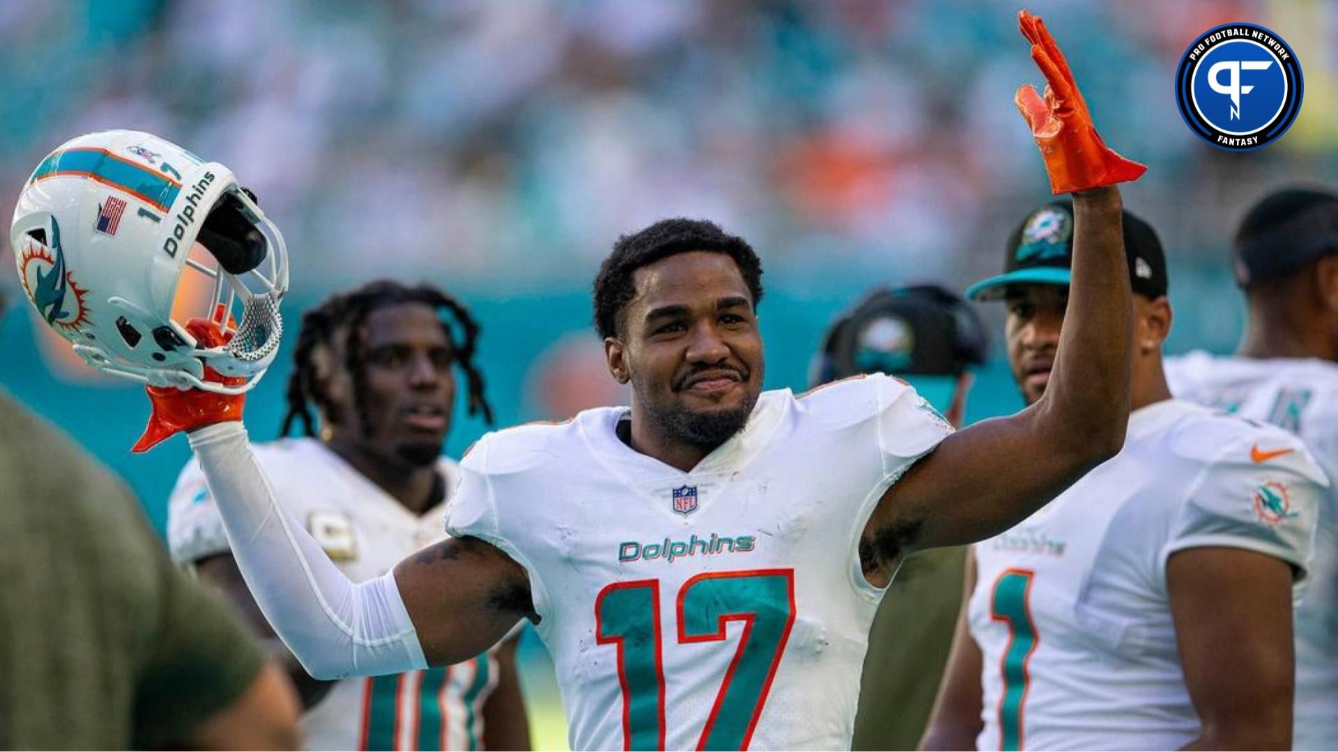 Miami Dolphins wide receiver Jaylen Waddle (17), celebrates as times runs out agains the Cleveland Brown during NFL action Sunday November 13, 2022 at Hard Rock Stadium in Miami Gardens. Photos Cleveland Browns V Miami Dolphins 02