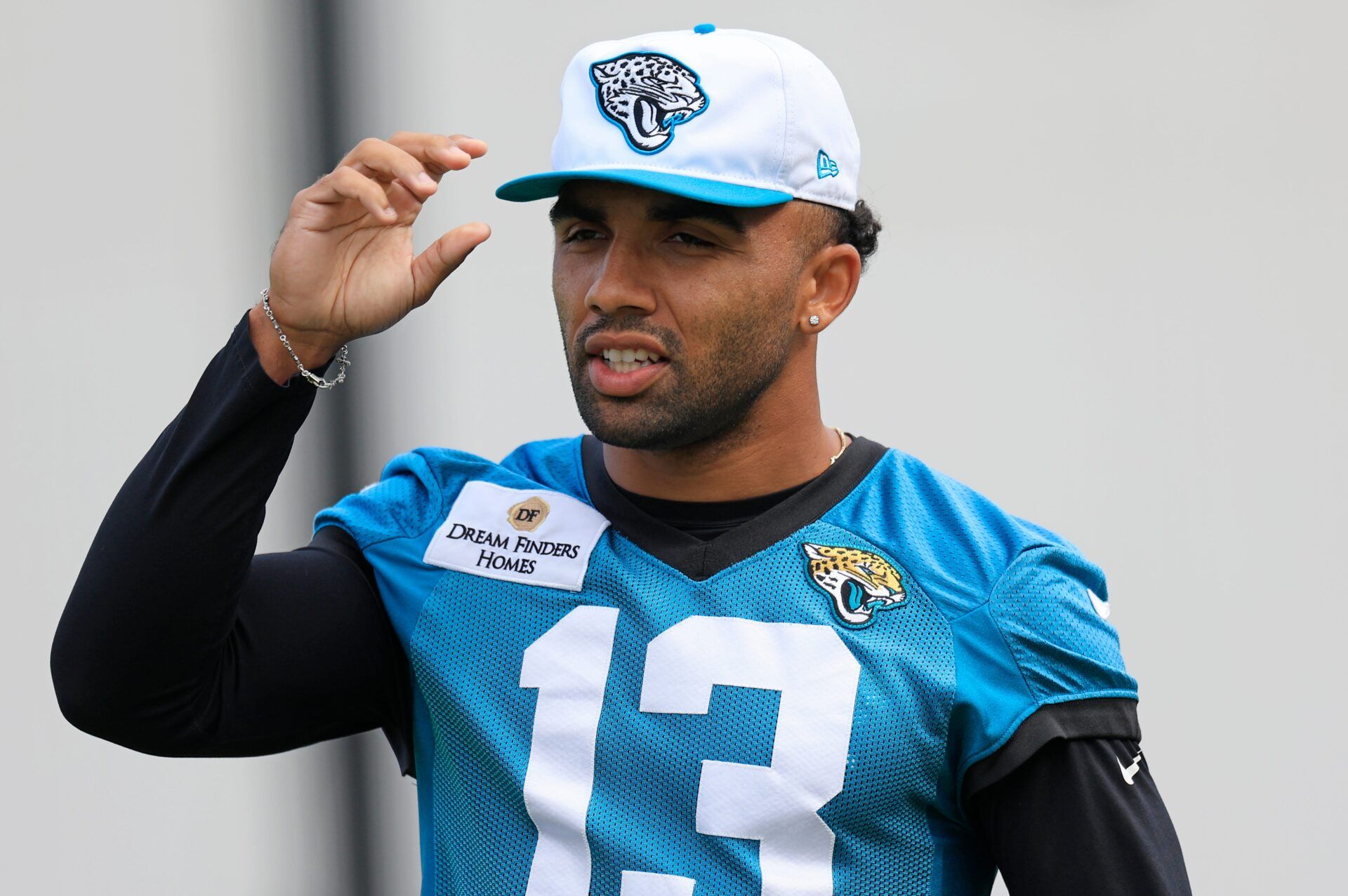 Jacksonville Jaguars wide receiver Christian Kirk (13) walks on the field during a combined NFL football training camp session between the Tampa Bay Buccaneers and Jacksonville Jaguars Wednesday, Aug. 14, 2024 at EverBank Stadium’s Miller Electric Center in Jacksonville, Fla. [Corey Perrine/Florida Times-Union]