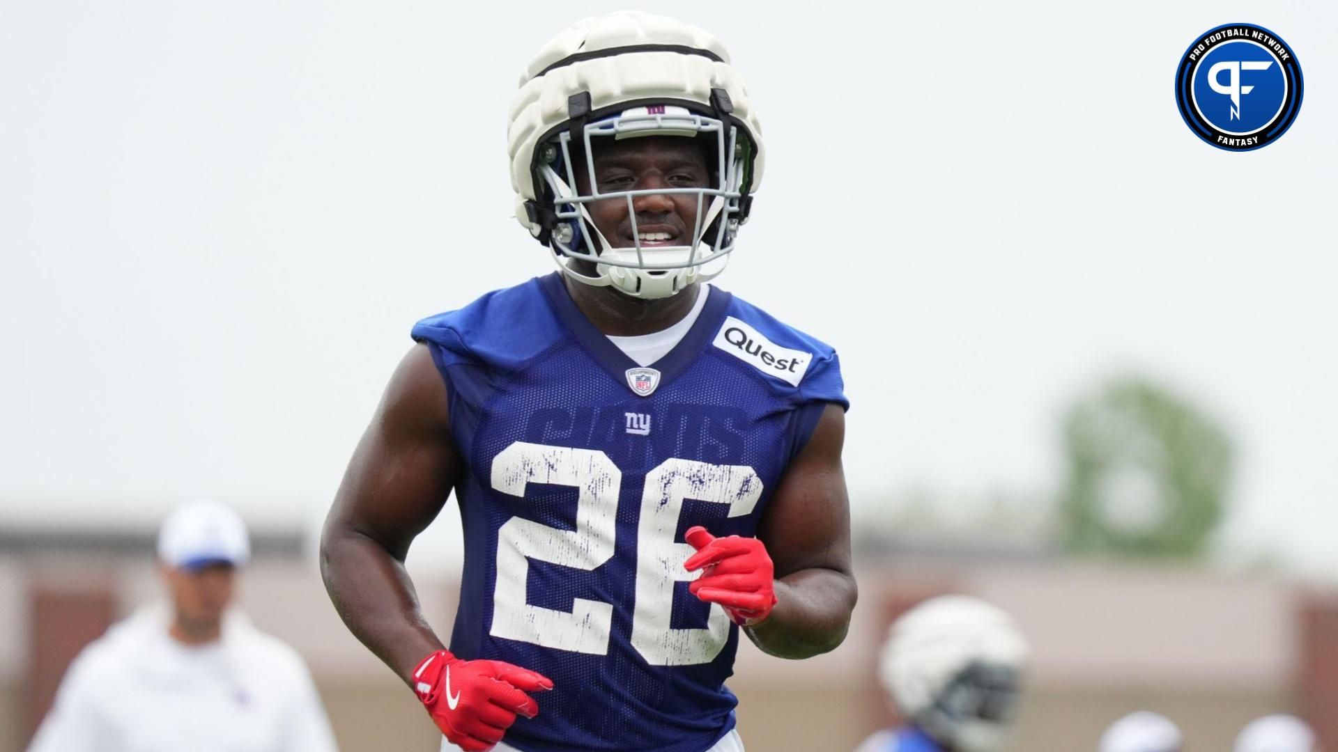 New York Giants running back Devin Singletary (26) participates in a drill during training camp at Quest Diagnostics Training Center. Mandatory Credit: Lucas Boland-USA TODAY Sports